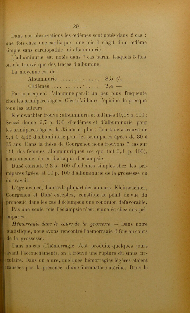 Dans nos observations les œdèmes sont notés dans 2 cas : simple sans cardiopathie, ni albuminurie. L’albuminurie est notée dans 7 cas parmi lesquels 5 fois on n’a trouvé que des traces d’albumine. La moyenne est de : Par conséquent l’albumine paraît un peu plus fréquente chez les primipares âgées. C’est d’ailleurs l’opinion de presque tous les auteurs. Kleinwachter trouve : albuminurie et œdèmes 10,18 p. 100 ; Sruzzi donne 9,7 p. 100 d'œdèmes et d’albuminurie pour les primipares âgées de 35 ans et plus ; Courtade a trouvé de 2,4 à 4,16 d'albuminurie pour les primipares âgées de 30 à 35 ans. Dans la thèse de Courgenou nous trouvons 7 cas sur 111 des femmes albuminuriques (ce qui fait 6,3 p. 100), mais aucune n'a eu d’attaque d’éclampsie. Dubé constate 2,3 p. 100 d’œdèmes simples chez les pri- mipares âgées, et 10 p. 100 d’albuminurie de la grossesse ou du travail. L’âge avancé, d’après la plupart des auteurs, Kleinwachter, Courgenou et Dubé exceptés, constitue au point de vue du pronostic dans les cas d’éclampsie une condition défavorable. Pas une seule fois l'éclampsie n’est signalée chez nos pri- mipares. Hémorragie dans le cours de la grossesse. — Dans notre statistique, nous avons rencontré l’hémorragie 3 fois au cours de la grossesse. Dans un cas (l’hémorragie s’est produite quelques jours une fois chez une cardiaque, une fois il s’agit d’un œdème Albuminurie OEdèmes , . 8,5 % 2,4 —
