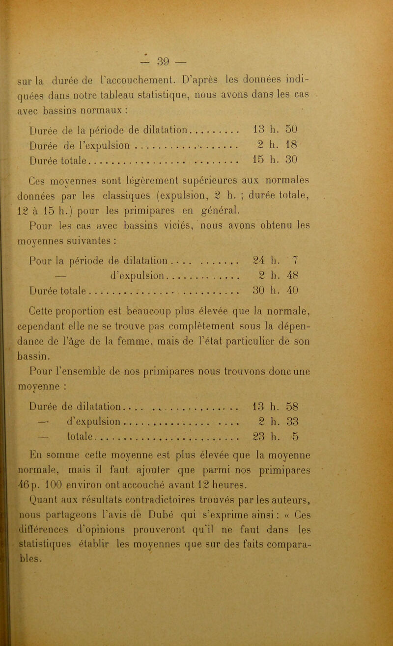 sur la durée de l'accouchement. D’après les données indi- quées dans notre tableau statistique, nous avons dans les cas . avec bassins normaux : Durée de la période de dilatation 13 h. 50 Durée de l’expulsion ' 2 h. 18 Durée totale 15 h. 30 Ces moyennes sont légèrement supérieures aux normales données par les classiques (expulsion, 2 h. ; durée totale, 12 à 15 h.) pour les primipares en général. Pour les cas avec bassins viciés, nous avons obtenu les moyennes suivantes : Pour la période de dilatation 24 b. 7 d’expulsion 2 h. 48 Durée totale 30 h. 40 Cette proportion est beaucoup plus élevée que la normale, cependant elle ne se trouve pas complètement sous la dépen- dance de l’àge de la femme, mais de l’état particulier de son bassin. Pour l’ensemble de nos primipares nous trouvons donc une moyenne : Durée de dilatation 13 h. 58 — d’expulsion 2 h. 33 totale 23 b. 5 En somme cette moyenne est plus élevée que la moyenne normale, mais il faut ajouter que parmi nos primipares 46p. 100 environ ont accouché avant 12 heures. Quant aux résultats contradictoires trouvés par les auteurs, nous partageons l’avis de Dubé qui s’exprime ainsi : « Ces différences d’opinions prouveront qu'il ne faut dans les statistiques établir les moyennes que sur des faits compara- bles.