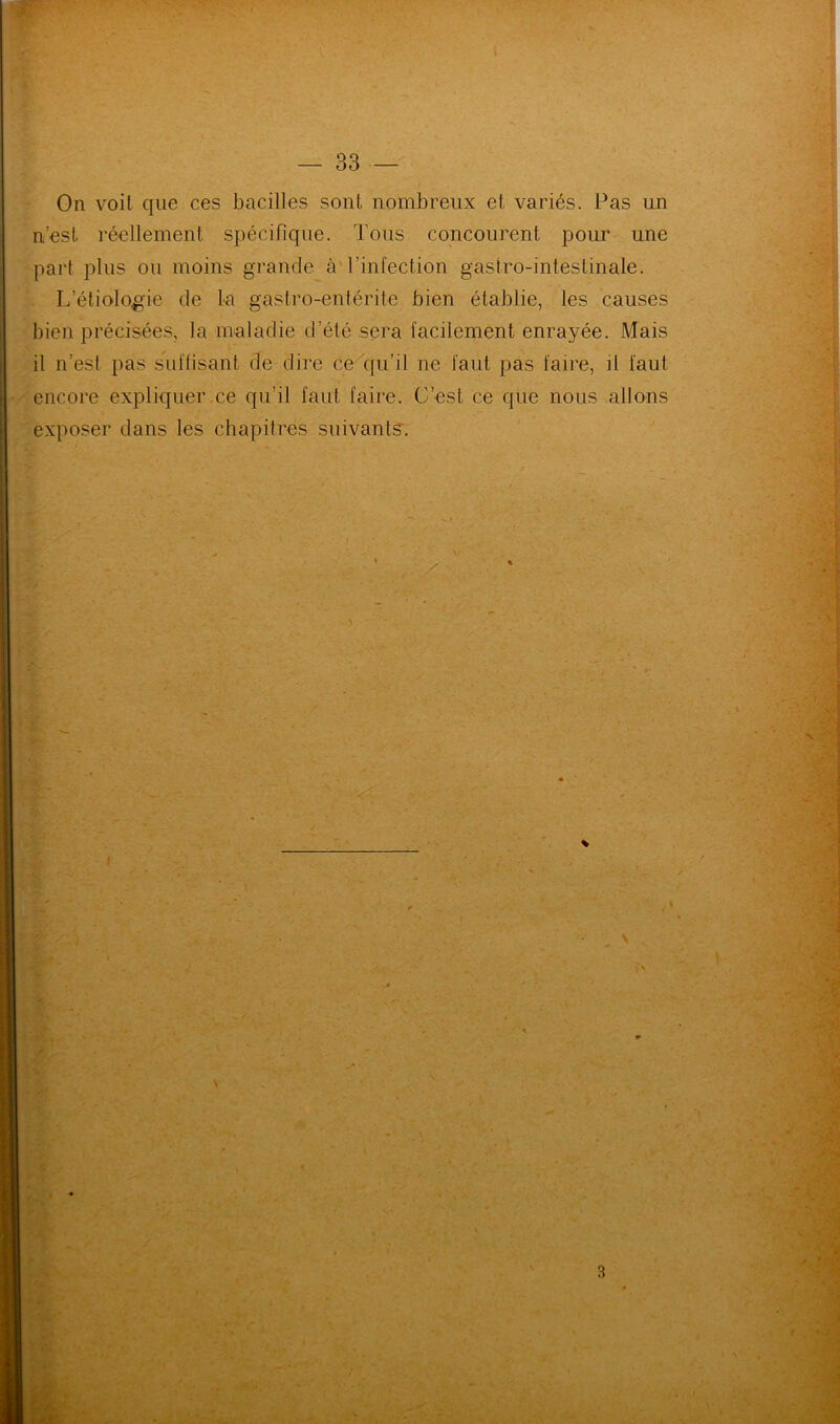 On voit que ces bacilles sont nombreux et variés. Pas un n’est réellement spécifique. Tous concourent pour une part plus ou moins grande à l’infection gastro-intestinale. L’étiologie de la gastro-entérite bien établie, les causes bien précisées, la maladie d’été sera facilement enrayée. Mais il n’est pas suffisant de dire ce qu’il ne faut pas faire, il faut encore expliquer ce qu’il faut faire. C’est ce que nous allons exposer dans les chapitres suivants. V K- 3