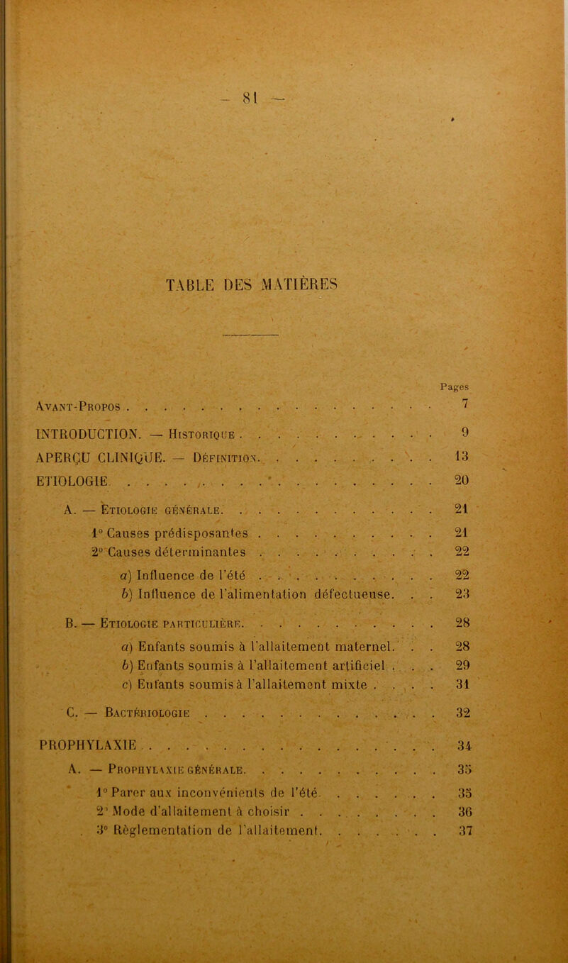 TABLE DES MATIÈRES r ' **' *V/* ‘ r V: - • . ■ r ‘ Avant-Propos INTRODUCTION. — Historique APERÇU CLINIQUE. — Définition ETIOLOGIE A. — Etiologie générale 1° Causes prédisposantes 2° Causes déterminantes а) Influence de l’été б) Influence de l’alimentation défectueuse. . . B. — Etiologie particulière а) Enfants soumis à l’allaitement maternel. . . б) Enfants soumis à l’allaitement artificiel . . . c) Enfants soumis à l’allaitement mixte . . . . C. — Bactériologie PROPHYLAXIE . . A. — Prophylaxie générale 1° Parer aux inconvénients de l’été 21 Mode d’allaitement à choisir .'1° Règlementation de l’allaitement / 28 28 29 31 32 34 35 35 36 37 it