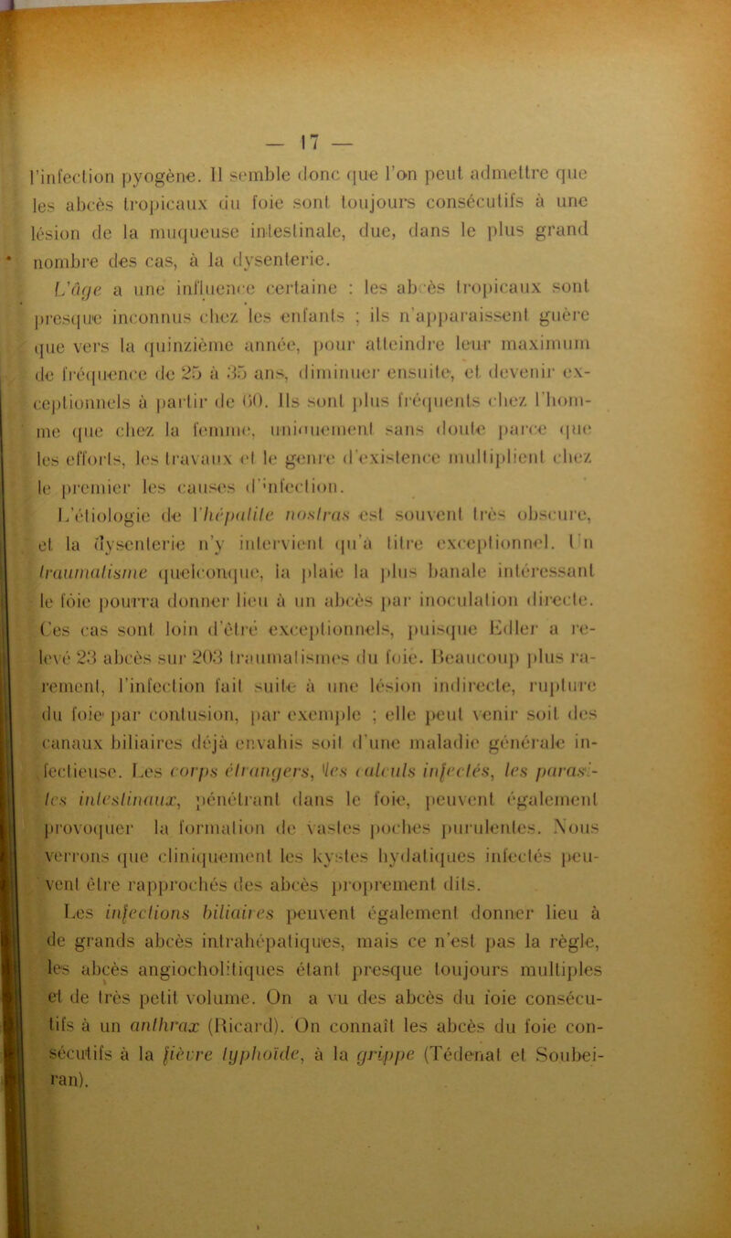 l’infedion pyogène. 11 semble donc (pie l’o-n peut adniellre que les abcès lroj)icaux du foie sont, toujours consécutifs à une lésion de la nunjueuse intestinale, due, dans le plus grand nombre des cas, à la dysenterie. l.’â(je a une influence certaine : les abcès lro})icaux sont jircsipi'c inconnus chez les enlants ; ils n’a})])ai'aissenl guère (pie vers la (piinzième année, pour atteindre leur maximum de fiéipience de 25 à 55 ans, diminuer ensuite, et devenir ex- ce])tionnels à iiarlir de bO. Ils sont j)lus fréijuenls chez l’iiom- ine ({lie chez la lemme, nniduemenl sans doute jiarce ({m* les efforts, les travaux et le geni-e dd'xislence niulli|dienl chez le jiremicr les caii.ses d'uifeclion. L’étiologie de Vlu'ixililc nosiras est souvent li'ès obscure, et la (îy.senterie n’y iidervient (ju’à titre excei»lionneI. l'n Ininnidlismc (pieicoiujin', la jilaie la {dus banale intéressant le fôie jiou'rra donner lien à un abcès jiar inoculation directe, (’es cas sont loin d’ètré excejitionnels, puisijue bbllei' a l’e- levé 25 abcès sur 2Ü3 ll•aumalism(‘s du foie. Ileaiicou]) {dus ra- rement, rinfeclion fait suite à une lésion indirecte, ru|dnre du foie jiar contusion, par exeiujde ; elle {leul venir soit des (■anaux biliaires déjà envaliis soit d’une maladie générale in- fectieuse. Les corps clidiKjers, */c.s ((dculs inlcclcs, les paras'- les iiilcslinaux, 'pénétrant dans le foie, jteuvent également j)i‘üvoi|uer la formation de vastes |)ocbes {uirulenles. Xous verrons (pie cliniijuemenl les ky:des hydatiijues infectés {leu- vent être rapiirochés des abcès i)ro{)remenl dits. Les injecliüiis biliaires peuvent également donner lieu à de grands abcès inlrahépatiqu'es, mais ce n’est pas la règle, les abcès angioebolitiques étant presque toujours multiples et de très petit volume. On a vu des abcès du foie consécu- tifs à un anthrax (Ricard). On connaît les abcès du foie con- séculifs à la lièvre lyphoïde^ à la gihppe (Tédenal et Soubei- ran).