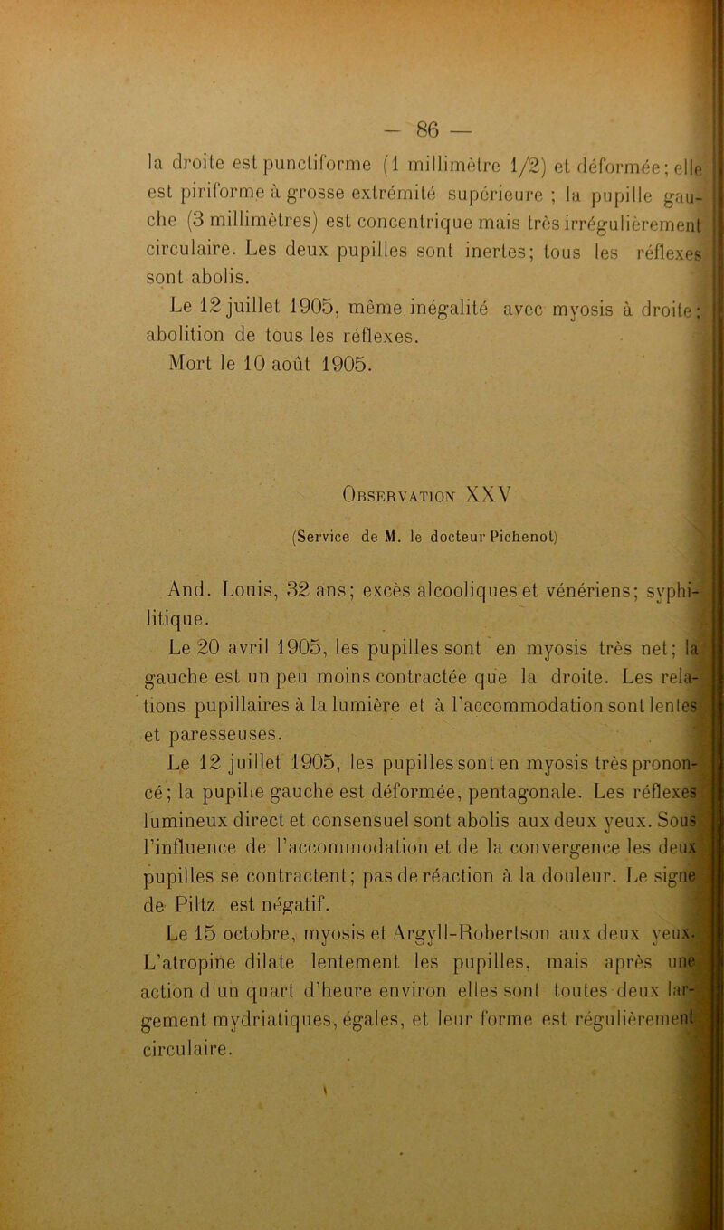 la droite est punctiforme (1 millimètre 1/2) et déformée ; elle est pirilorme à grosse extrémité supérieure ; la pupille gau- ; che (3 millimètres) est concentrique mais très irrégulièrement J circulaire. Les deux pupilles sont inertes; tous les réflexes sont abolis. Le 12 juillet 1905, même inégalité avec mvosis à droite; I abolition de tous les réflexes. Mort le 10 août 1905. Observation XXV (Service de M. le docteur Pichenot) And. Louis, 32 ans; excès alcooliques et vénériens; syphi- litique. Le 20 avril 1905, les pupilles sont en myosis très net; la gauche est un peu moins contractée que la droite. Les rela- tions pupillaires à la lumière et à l’accommodation sont lentes et paresseuses. Le 12 juillet 1905, les pupilles sont en myosis très pronon- cé; la pupibe gauche est déformée, pentagonale. Les réflexes lumineux direct et consensuel sont abolis aux deux yeux. Sous l’influence de l’accommodation et de la convergence les deux pupilles se contractent; pas de réaction à la douleur. Le signe de Piltz est négatif. Le 15 octobre, myosis et Argyll-Robertson aux deux yeux. L’atropine dilate lentement les pupilles, mais après une action d'un quart d’heure environ elles sont toutes deux lar- gement mydriatiques, égales, et leur forme est régulièrement circulaire.