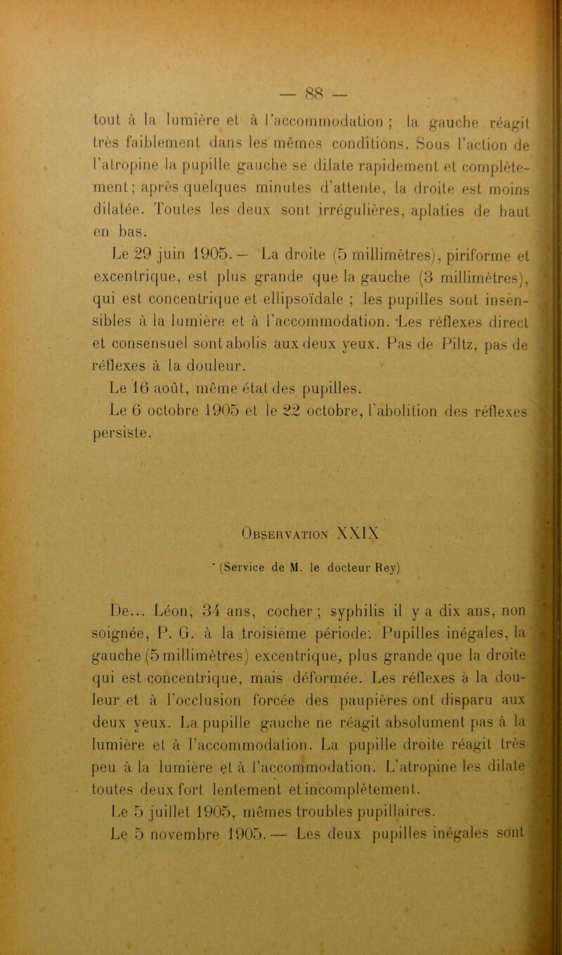 très faiblement dans les mêmes conditions. Sous l’action de l’atropine la pupille gauche se dilate rapidement et complète- Le 29 juin 1905. — La droite (5 millimètres), piriforme et excentrique, est plus grande que la gauche (3 millimètres), qui est concentrique et ellipsoïdale ; les pupilles sont insén- et consensuel sont abolis aux deux yeux. Pas de Piltz, pas de réflexes à la douleur. Le 16 août, même état des pupilles. Le 6 octobre 1905 et le 22 octobre, l’abolition des réflexes persiste. De... Léon, 34 ans, cocher; syphilis il y a dix ans, non ment; après quelques minutes d’attente, la droite est moins dilatée. Toutes les deux sont irrégulières, aplaties de haut en bas. sibles à la lumière et à l’accommodation. Les réflexes direct Observation XXIX •* (Service de M. le docteur Rey) De... Léon, 34 ans, cocher; syphilis il y a dix ans, non soignée, P. G. à la troisième période: Pupilles inégales, la gauche (5 millimètres) excentrique, plus grande que la droite qui est concentrique, mais déformée. Les réflexes à la dou- toutes deux fort lentement et incomplètement. Le 5 juillet 1905, mêmes troubles pupillaires. Le 5 novembre 1905.— Les deux pupilles inégales sont