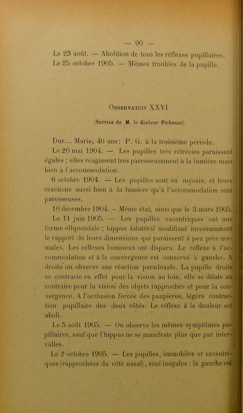 Le 23 août. — Abolition de tous les réflexes pupillaires Le 25 octobre 1905. — Mêmes troubles de la pupille. Observation XXVI (Service de M. le docteur Pichenot) Dur... Marie, 40 ans: P. G. à la troisième période. Le 20 mai 1904. — Les pupilles très rétrécies paraissent égales ; elles réagissent très paresseusement à la lumière mais bien à l’accommodation. 6 octobre 1904. — Les pupilles sont en myosis, et leurs' réactions aussi bien à la lumière qu’à l’accommodation sont paresseuses. 10 décembre 1904. — Même état, ainsi que le 3 mars 1905. Le 11 juin 1905. — Les pupilles excentriques ont une l'orme ellipsoïdale ; hippus bilatéral modifiant incessamment le rapport de leurs dimensions qui paraissent à peu près nor- males. Les réflexes lumineux ont disparu. Le réflexe à T ac- commodation et à la convergence est conservé à gauche: A droite on observe une réaction paradoxale. La pupille droite se contracte en effet pour la vision au loin, elle se dilate au contraire pour la vision des objets rapprochés et pour la con- vergence. A l’occlusion forcée des paupières, légère contrac- tion pupillaire des deux côtés. Le réflexe à la douleur est aboli. Le 5 août 1905. — On observe les mêmes symptômes pu- pillaires, sauf que l’hippusne se manifeste plus que par inter- valles. Le 2 octobre 1905. — Les pupilles, immobiles et excentri- ques (rapprochées du côté nasal), sont inégales : la gauche est