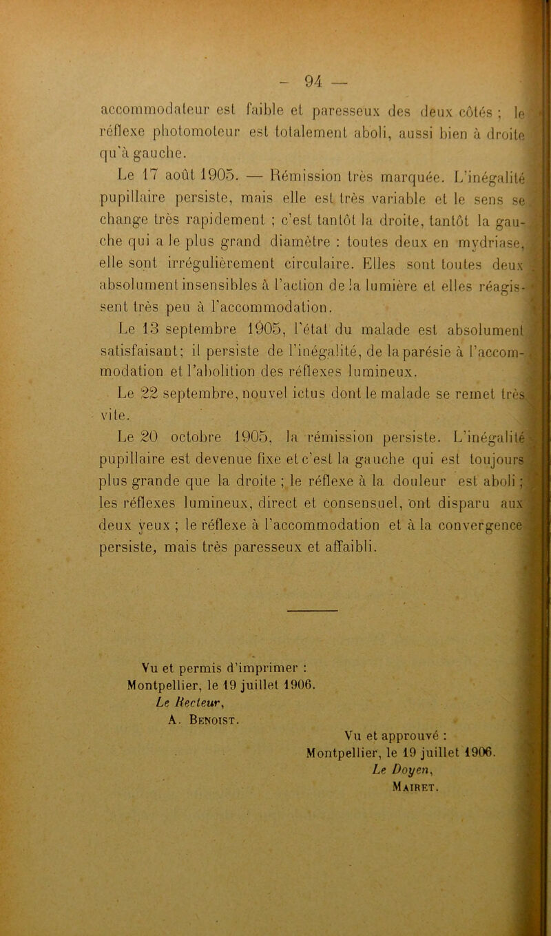 accommoda leur est faible et paresseux des deux côtés ; le i réflexe photomoteur est totalement aboli, aussi bien à droite i qu'à gauche. Le 17 août 1905. — Rémission très marquée. L’inégalité ; pupillaire persiste, mais elle est très variable et le sens sel change très rapidement ; c’est tantôt la droite, tantôt la gau- .; che qui a le plus grand diamètre : toutes deux en mvdriase, J elle sont irrégulièrement circulaire. Elles sont toutes deux j absolument insensibles à l’action delà lumière et elles réagis J sent très peu à l’accommodation. Le 13 septembre 1905, l’état du malade est absolument ; satisfaisant; il persiste de l’inégalité, de la parésie à l’accom- \ modation et l’abolition des réflexes lumineux. Le 22 septembre, nouvel ictus dont le malade se remet très $ plus grande que la droite ; le réflexe à la douleur est aboli ; les réflexes lumineux, direct et consensuel, ont disparu aux deux yeux ; le réflexe à l’accommodation et à la convergence persiste, mais très paresseux et affaibli. vite. Le 20 octobre 1905, la rémission persiste. L’inégalité pupillaire est devenue fixe et c’est la gauche qui est toujours Vu et permis d’imprimer : Montpellier, le 19 juillet 1906. Le Recteur, A. Benoist. Vu et approuvé : Montpellier, le 19 juillet 1906. Le Doyen, Ma IR ET.