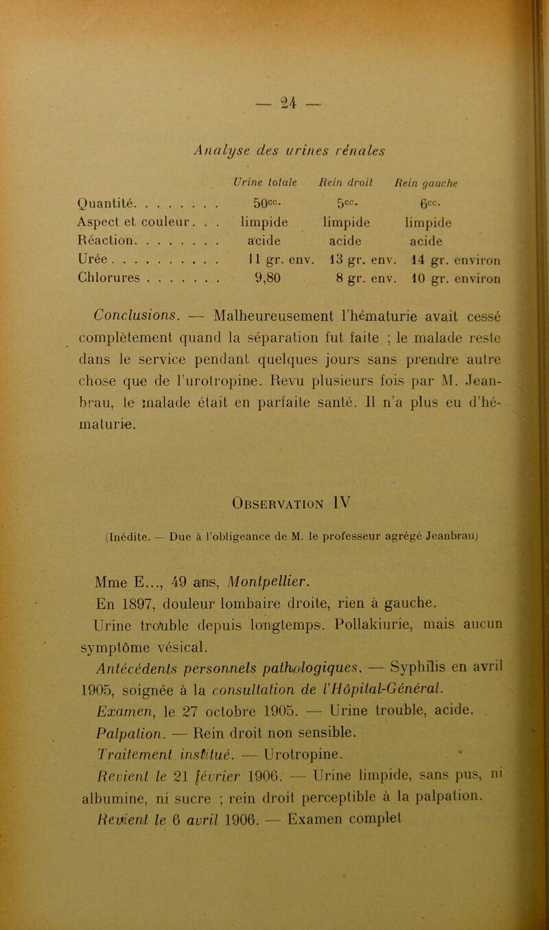 Analyse des urines rénales Urine totale Hein droit Hein gauche Quantité 50cc- 5CC* 6CC- Aspect et couleur. . . limpide limpide limpide Réaction acide acide acide Urée 11 gr. env. 13 gr. env. 14 gr. environ Chlorures 9,80 8 gr. env. 10 gr. environ Conclusions. — Malheureusement l’hématurie avait cessé complètement quand la séparation fut faite ; le malade reste dans le service pendant quelques jours sans prendre autre chose que de l’urotropinie. Revu plusieurs fois par M. Jean- brau, le malade était en parfaite santé. Il n’a plus eu d’hé- maturie. Observation IV (Inédite. — Due à l’obligeance de M. le professeur agrégé Jeanbrau) Mme E..., 49 amis, Montpellier. En 1897, douleur lombaire droite, rien à gauche. Urine trouble depuis longtemps. Pollakiurie, mais aucun symptôme vésical. Antécédents personnels pathologiques. — Syphilis en avril 1905, soignée à la consultation de iHôpital-Général. Examen, le 27 octobre 1905. — Urine trouble, acide. Palpation. — Rein droit non sensible. Traitement institué. — Urotropine. Revient le 21 février 1906. — Urine limpide, sans pus, ni albumine, ni sucre ; rein droit perceptible à la palpation.