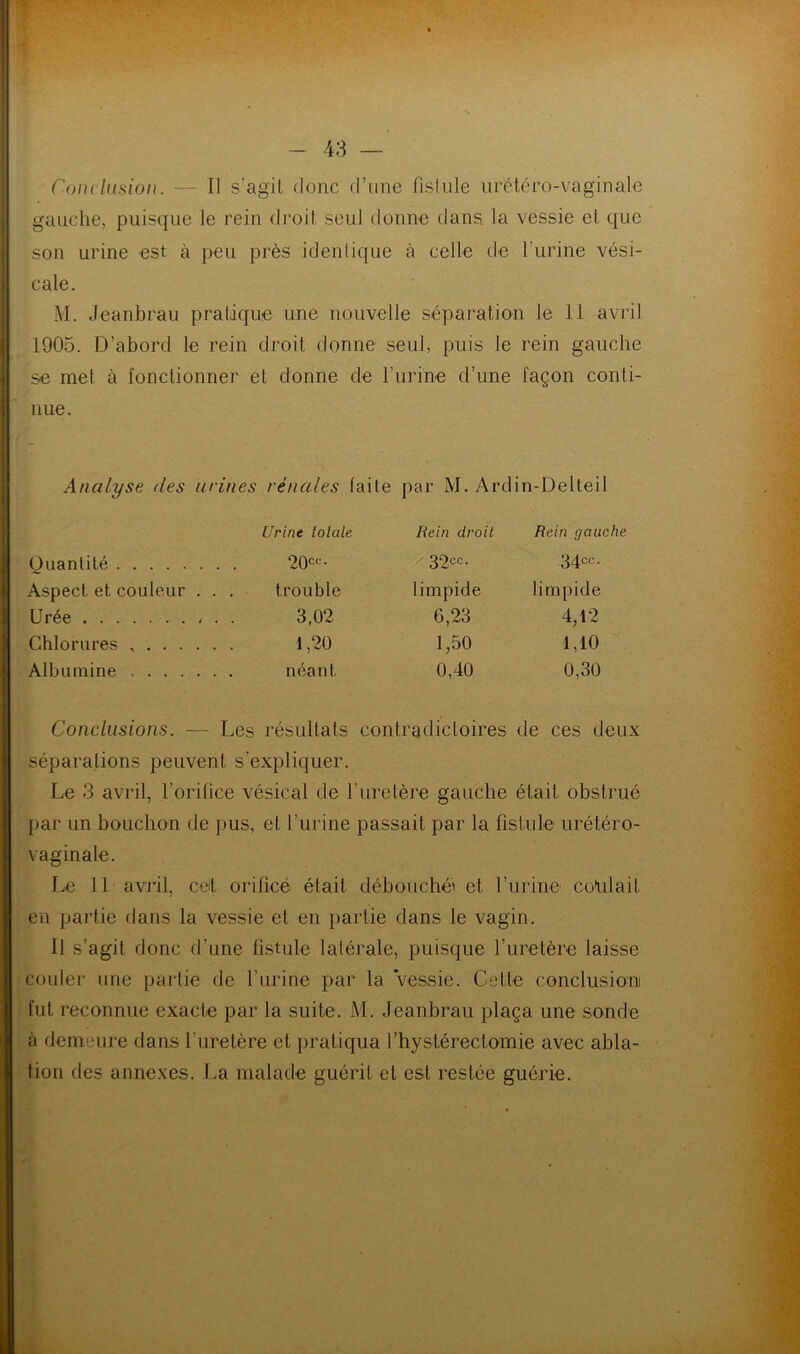 Conclusion. — Il s'agil donc d’une fistule urétéro-vaginale gauche, puisque le rein droit seul donne dans, la vessie el que son urine est à peu près identique à celle de l’urine vési- cale. M. Jeanbrau pratique une nouvelle séparation le 11 avril 1905. D’abord le rein droit donne seul, puis le rein gauche se met à fonctionner et donne de burine d’une façon conti- nue. Analyse des urines rénales faite par M. Ardin-Delteil Urine totale Rein droit Rein gauche Quanti té 20c<;- ^32cc- 34cc- Aspect et couleur . . . trouble limpide limpide Urée 3,02 6,23 4,12 Chlorures 1,20 1,50 1,10 Albumine néant 0,40 0,30 Conclusions. — Les résultats contradictoires de ces deux séparations peuvent s’expliquer. Le 3 avril, l’orifice vésical de l’uretère gauche était obstrué par un bouchon de pus, et l’urine passait par la fistule urétéro- vaginale. Le 11 avril, cet orifice était débouché! et l’urine copiait en partie dans la vessie et en partie dans le vagin. Il s’agit donc d’une fistule latérale, puisque l’uretère laisse couler une partie de l’urine par la vessie. Cette conclusion fut reconnue exacte par la suite. M. Jeanbrau plaça une sonde à demeure dans l’uretère et pratiqua l'hystérectomie avec abla- tion des annexes. La malade guérit el est restée guérie.