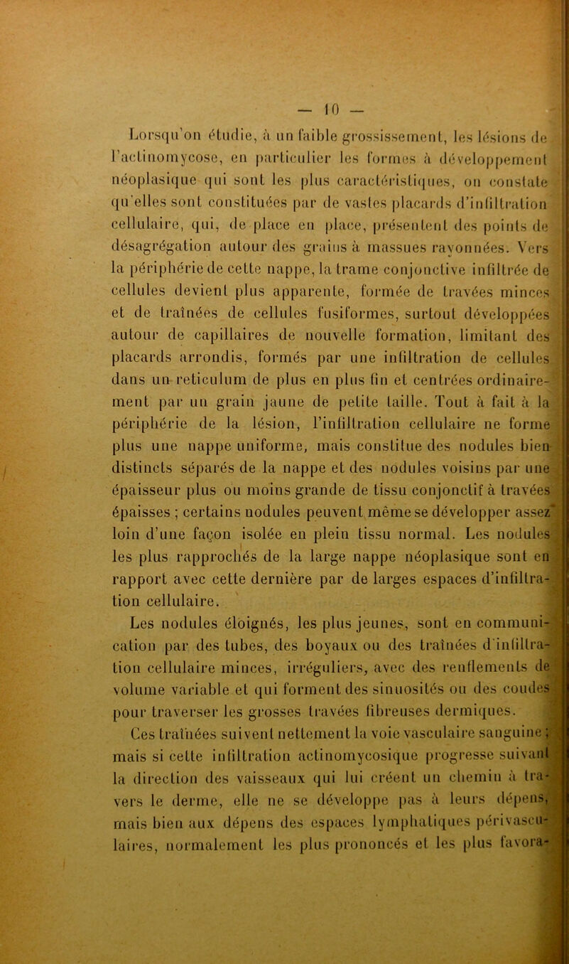 Lorsqu’on étudié, à un faible grossissement, les lésions de l’actinomycose, en particulier les formes à développement néoplasique qui sont les plus caractéristiques, on constate qu’elles sont constituées par de vastes placards d’infiltration cellulaire, qui, de place eu place, présentent des points de désagrégation autour des grains à massues rayonnées. Vers la périphérie de cette nappe, la trame conjonctive infiltrée de cellules devient plus apparente, formée de travées minces et de traînées de cellules fusiformes, surtout développées autour de capillaires de nouvelle formation, limitant des placards arrondis, formés par une infiltration de cellules dans un réticulum de plus en plus fin et centrées ordinaire- ment par un grain jaune de petite taille. Tout à fait à la périphérie de la lésion, l’infiltration cellulaire ne forme plus une nappe uniforme, mais constitue des nodules bien distincts séparés de la nappe et des nodules voisins par une épaisseur plus ou moins grande de tissu conjonctif à travées épaisses ; certains nodules peuvent même se développer assez loin d’une façon isolée en plein tissu normal. Les nodules les plus rapprochés de la large nappe néoplasique sont en rapport avec cette dernière par de larges espaces d’infiltra- tion cellulaire. Les nodules éloignés, les plus jeunes, sont en communi- cation par des tubes, des boyaux ou des traînées d infiltra- tion cellulaire minces, irréguliers, avec des renflements de volume variable et qui forment des sinuosités ou des coudes pour traverser les grosses travées fibreuses dermiques. Ces traînées suivent nettement la voie vasculaire sanguine | mais si cette infiltration actinomycosique progresse suivant la direction des vaisseaux qui lui créent un chemin à tra- vers le derme, elle ne se développe pas à leurs dépens, mais bien aux dépens des espaces lymphatiques périvascu- laires, normalement les plus prononcés et les plus favora-