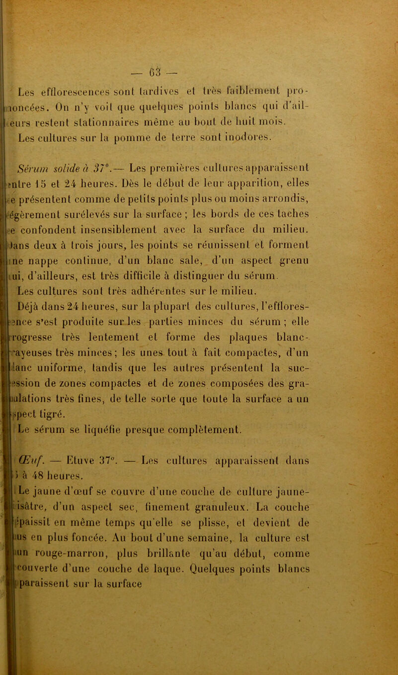 Les efflorescences sont tardives el très faiblement pro- noncées. On n’y voit que quelques points blancs qui d’ail- eurs restent stationnaires même au bout de huit mois. Les cultures sur la pomme de terre sont inodores. Sérum solide à 37°.— Les premières cultures apparaissent •ntre 15 et 24 heures. Dès le début de leur apparition, elles , e présentent comme de petits points plus ou moins arrondis, éégèrement surélevés sur la surface ; les bords de ces taches e confondent insensiblement avec la surface du milieu. )ans deux à trois jours, les points se réunissent et forment ne nappe continue, d’un blanc sale, d’un aspect grenu iui, d’ailleurs, est très difficile à distinguer du sérum. Les cultures sont très adhérentes sur le milieu. Déjà dans 24 heures, sur la plupart des cultures, l’efflores- mce s’est produite sur les parties minces du sérum; elle rogresse très lentement et forme des plaques blanc- ’ayeuses très minces; les unes tout à fait compactes, d’un ianc uniforme, tandis que les autres présentent la suc- •îssion de zones compactes et de zones composées des gra- dations très fines, de telle sorte que toute la surface a un >pect tigré. Le sérum se liquéfie presque complètement. Œuf. — Etuve 37°. — Les cultures apparaissent dans ) à 48 heures. Le jaune d’œuf se couvre d’une couche de culture jaune- dsâtre, d’un aspect sec, finement granuleux. La couche épaissit en même temps qu elle se plisse, el devient de us en plus foncée. Au bout d’une semaine, la culture est un rouge-marron, plus brillante qu’au début, comme rouverte d’une couche de laque. Quelques points blancs ! paraissent sur la surface