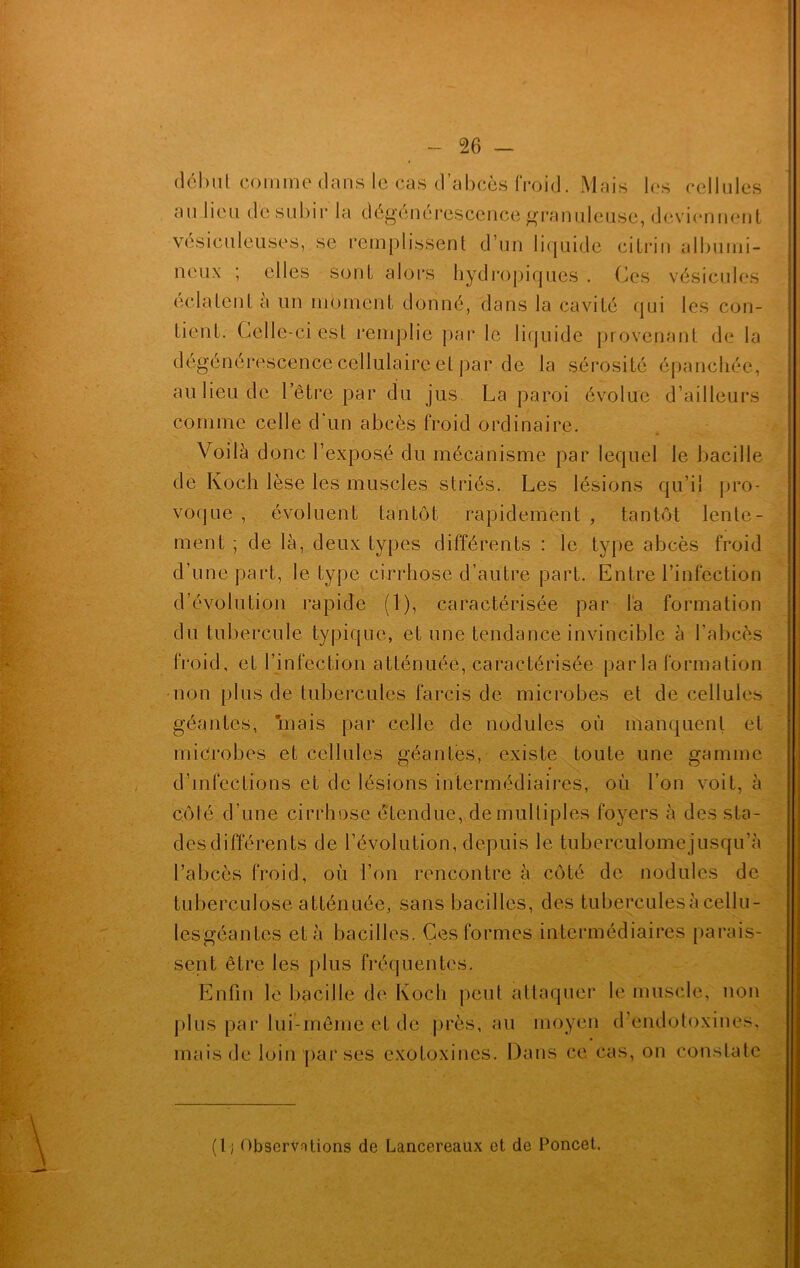 début comme dans le cas d’abcès froid. Mais les cellules au lieu de subir la dégénérescence granuleuse, deviennent vésiculeuses, se remplissent d’un liquide eitrin albumi- neux ; elles sont alors hydropiques . Ces vésicules éclatent a un moment donné, dans la cavité qui les con- tient. Celle-ci est remplie par le liquide provenant de la dégénérescence cellulaire et par de la sérosité épanchée, au lieu de l’être par du jus. La paroi évolue d’ailleurs comme celle d un abcès froid ordinaire. Voilà donc l’exposé du mécanisme par lequel le bacille de Koch lèse les muscles striés. Les lésions qu’il pro- voque , évoluent tantôt rapidement , tantôt lente- ment ; de là, deux types différents : le type abcès froid d’une part, le type cirrhose d’autre part. Entre l’infection d’évolution rapide (1), caractérisée par la formation du tubercule typique, et une tendance invincible à l’abcès froid, et l’infection atténuée, caractérisée parla formation non plus de tubercules farcis de microbes et de cellules géantes, mais par celle de nodules où manquent et microbes et cellules géantes, existe toute une gamme d’infections et de lésions intermédiaires, où l’on voit, à côté d’une cirrhose étendue, de multiples foyers à des sta- des différents de l’évolution, depuis le tuberculome jusqu’à l’abcès froid, où l’on rencontre à côté de nodules de tuberculose atténuée, sans bacilles, des tubercules à cellu- lesgéantes et à bacilles. Ces formes intermédiaires parais- sent être les plus fréquentes. Enfin le bacille de Koch peut attaquer le muscle, non plus par lui-même et de près, au moyen d’endotoxines, mais de loin par ses cxotoxincs. Dans ce cas, on constate (l; Observations de Lancereaux et de Poncet.