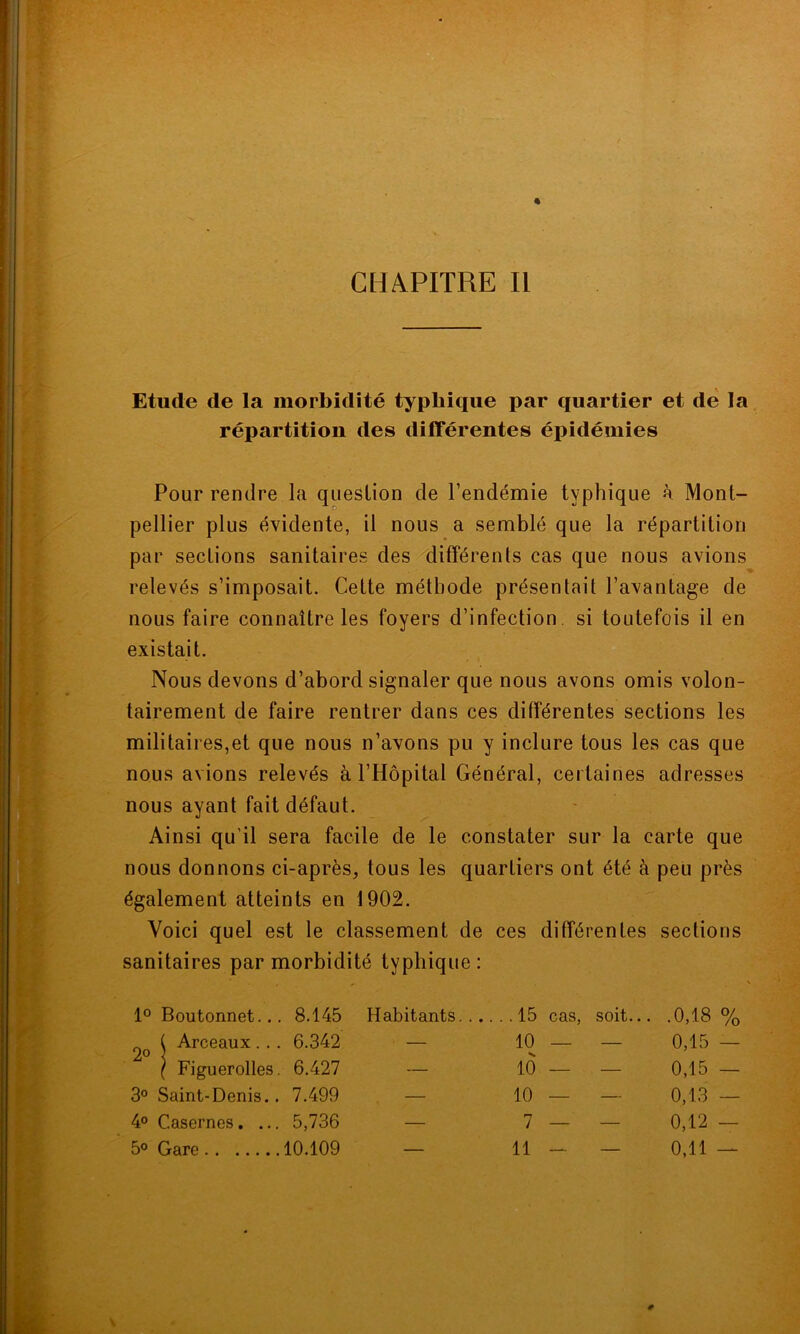 Etude de la morbidité typhique par quartier et de la répartition des différentes épidémies Pour rendre la question de l’endémie typhique a Mont- pellier plus évidente, il nous a semblé que la répartition par sections sanitaires des différents cas que nous avions relevés s’imposait. Cette méthode présentait l’avantage de nous faire connaître les foyers d’infection si toutefois il en existait. Nous devons d’abord signaler que nous avons omis volon- tairement de faire rentrer dans ces différentes sections les militaires,et que nous n’avons pu y inclure tous les cas que nous avions relevés à l’Hôpital Général, certaines adresses nous ayant fait défaut. Ainsi qu'il sera facile de le constater sur la carte que nous donnons ci-après, tous les quartiers ont été à peu près également atteints en 1902. Voici quel est le classement de ces différentes sections sanitaires par morbidité typhique : 1° Boutonnet... 8.145 Habitants.... . . 15 cas, soit... .0,18 % ( Arceaux ... 6.342 — 10 — — 0,15 — ( Figuerolles. 6.427 — 10 — — 0,15 — 3° Saint-Denis.. 7.499 10 — 0,13 — 4° Casernes. ... 5,736 — 7 — 0,12 — 5° Gare 10.109 — 11 - — 0,11 — \