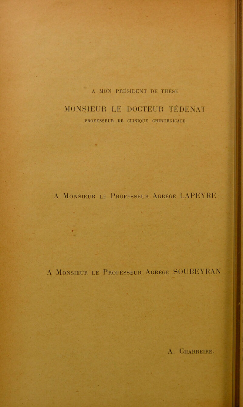 A MON PRÉSIDENT DE THESE MONSIEUR LE DOCTEUR TÉ D EN AT PROFESSEUR DE CLINIQUE CHIRURGICALE A Monsieur le Professeur Agrégé LAPEYRE A Monsieur le Professeur Agrégé SOUBEYRAN