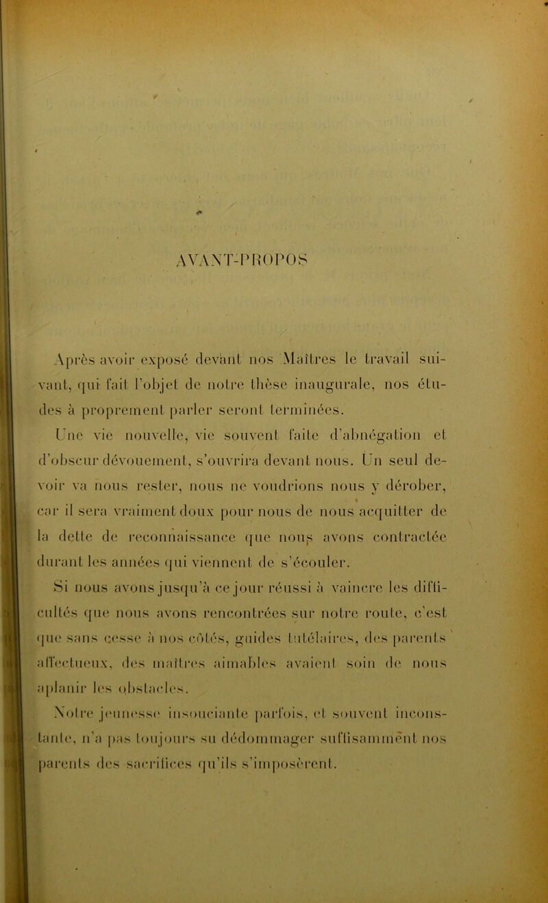 AVANT-PROPOS Après avoir exposé déviant nos Maîtres le travail sui- vant, qui fait l’objet de notre thèse inaugurale, nos étu- des à proprement parler seront terminées. Une vie nouvelle, vie souvent faite d’abnégation et d’obscur dévouement, s’ouvrira devant nous. Un seul de- voir va nous rester, nous ne voudrions nous y dérober, % car il sera vraiment doux pour nous de nous acquitter de la dette de reconnaissance que nous avons contractée durant les années qui viennent de s’écouler. Si nous avons jusqu’à ce jour réussi à vaincre les diffi- cultés que nous avons rencontrées sur notre route, c’est que sans cesse à nos cotés, guides tutélaires, des parents affectueux, des maîtres aimables avaienl soin de nous aplanir les obstacles. Noire jeunesse insouciante parfois, cl souvent incons- tante, n’a pas toujours su dédommager suffisamment nos parents des sacrifices qu’ils s’imposèrent.