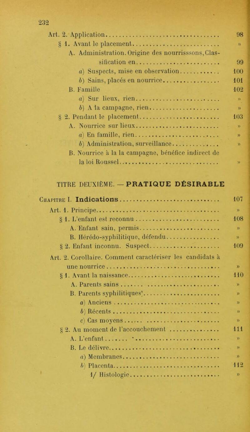 Art. 2. Application 98 § 1. Avant le placement » A. Administration. Origine des nourrisssons,Clas- silication en 99 a) Suspects, mise en observation 100 b) Sains, placés en nourrice 101 B. Famille 102 a) Sur lieux, rien » b) A la campagne, rien » § 2. Pendant le placement 103 A. Nourrice sur lieux » a) Fn famille, rien » b) Administration, surveillance » B. Nourrice à la la campagne, bénéfice indirect de la loi Roussel » TITRE DEUXIÈME. — PRATIQUE DÉSIRABLE CuAPiTRE I. Indications 107 Art. 1. Principe » § 1. L’enfant est reconnu 108 A. Enfant sain, permis » B. Hérédo-sypbililique, défendu » § 2. Enfant inconnu. Suspect 109 Art. 2. Corollaire. Comment caractériser les candidats à une nourrice » § 1. Avant la naissance MO A. Parents sains » B. Parents syphilitiques] » a) Anciens » b) Récents » c) Cas moyens » ^ 2. Au moment de raccoucbcment 111 A. L’enfant • » B. Le délivre » a) Membranes » //(Placenta 112 1/ Histologie »