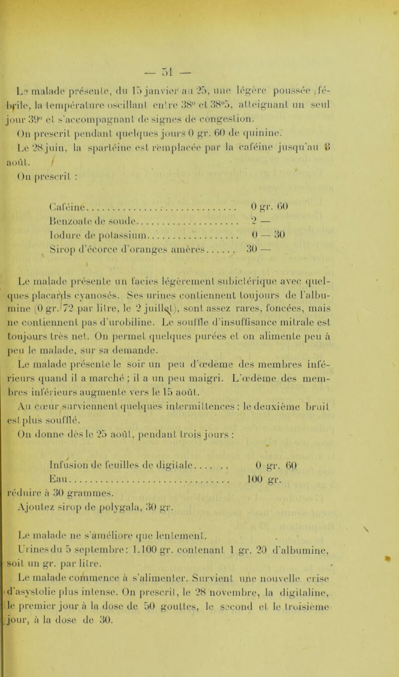 Le malade présente, du 15 janvier au 25, une légère poussée fé- brile, la température oscillant enlre .38° et 38°5, atteignant un seul jour 39° et s’accompagnant désignés de congestion. On prescrit pendant quelques jours 0 gr. 60 de quinine. Le 28 juin, la spartéine est remplacée par la caféine jusqu’au t> août. i On prescrit : Caféine 0 gr. 60 Benzoate de soude 2 — lodure de potassium 0 — 30 Sirop d’écorce d’oranges amères 30 — i Le malade présente un faciès légèrement subiclérique avec quel- ques placards cyanosés. Ses urines contiennent toujours de l’albu- mine (0 gré72 par litre, le 2 juillet), sont assez rares, foncées, mais ne contiennent pas d’urobiline. Le souille d’insuffisance mitrale est toujours très net. On permet quelques purées et on alimente peu à peu le malade, sur sa demande. Le malade présente le soir un peu d’œdème des membres infé- rieurs quand il a marché; il a un peu maigri. L’œdème des mem- bres inférieurs augmente vers le 15 août. Au cœur surviennent quelques intermittences: le deuxième bruit es! plus souillé. On donne dès le 25 aoûl, pendant trois jours : ✓ Infusion de feuilles de digitale 0 gr. 60 Eau 100 gr. réduire à 30 grammes. Ajoutez sirop de polygala, 30 gr. Le malade ne s’améliore que lentement. Urines du 5 septembre: 1.100 gr. contenant 1 gr. 20 d'albumine, soit un gr. par litre. Le malade commence à s'alimenter. Survient une nouvelle crise d asystolie plus intense. On prescrit, le 28 novembre, la digitaline, le premier jour à la dose de 50 gouttes, le second et le troisième jour, à la tlose de 30.