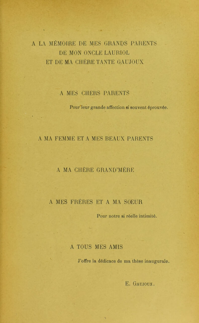A LA MÉMOIRE DE MES ORAXDS PARENTS y DE MON ONCLE LAURIOL ET DE MA CHÈRE TANTE GAUJOUX A MES CHERS IMRENTS Pour’leur grande affection si souvent éprouvée. A MA FEMME ETA MES BEAUX PARENTS A MA CHÈRE GRAND’MÈRE A MES FRÈRES ET A MA SOEUR Pour notre si réelle intimité. A TOUS MES AMIS J’offre la dédicace de ma thèse inaugurale.