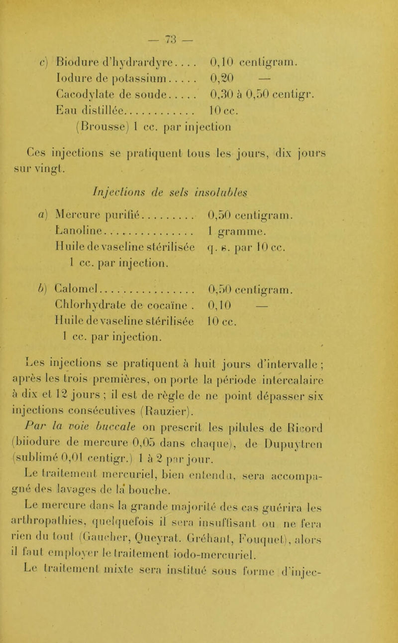 c} Biodure d’hydrardyre.... 0,10 ceniigram. Iodure de potassium 0,20 — Cacodylate de soude 0,30 à 0,50 cenligr. Eau distillée 10 cc. (Brousse) 1 cc. par injection Ces injections se pratiquent tous les jours, dix jours sur vingt. Injections de sels insolubles a) Mercure pu ri lié Lanoline Huile de vaseline stérilisée 1 cc. par injection. 0,50 ceniigram. 1 gramme, q. s. par 10 cc. b) Calomel Chlorhydrate de cocaïne . Huile de vaseline stérilisée 1 cc. par injection. 0,50 ceniigram. 0,10 — 10 cc. Les injections se pratiquent à huit jours d’intervalle; après les trois premières, on porte la période intercalaire à dix et L2 jours ; il est de règle de ne point dépasser six injections consécutives (Rauzier). Par la voie buccale on prescrit les pilules de Ricord (biiodure de mercure 0,05 dans chaque), de Dupuytren (sublimé 0,01 centigr.) 1 à 2 par jour. Le traitement mercuriel, bien entendu, sera accompa- gné des lavages de la* bouche. Le mercure dans la grande majorité des cas guérira les arthropathies, quelquefois il sera insuffisant ou ne fera rien du tout (Candier, Queyrat. Gréhant, Bouquet), alors il faut employer le traitement iodo-mercuriel. Le traitement mixte sera institué sous forme d'injec-