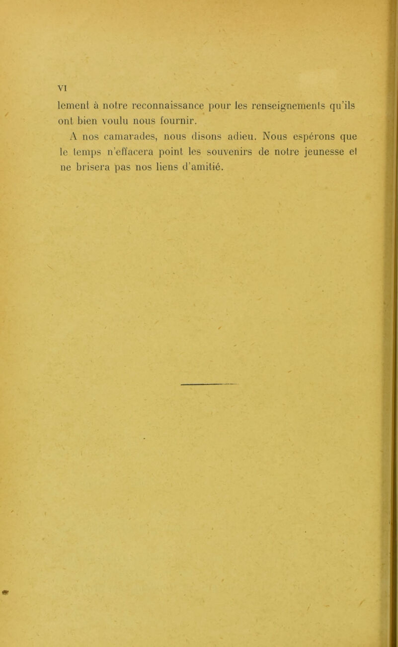 lement à notre reconnaissance pour les renseignements qu’ils ont bien voulu nous fournir. A nos camarades, nous disons adieu. Nous espérons que le temps n’effacera point les souvenirs de notre jeunesse et ne brisera pas nos liens d’amitié. ✓