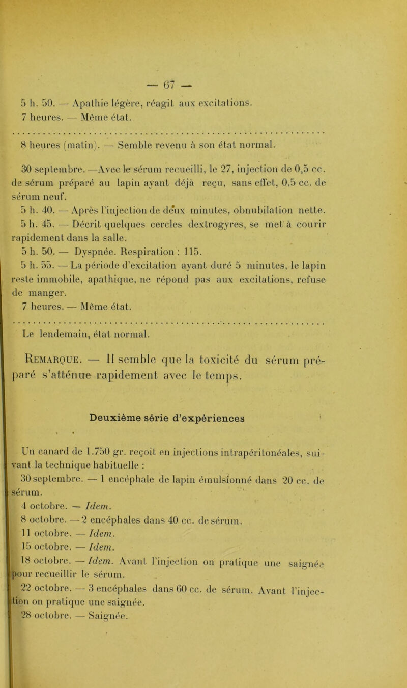 5 h. 50. — Apathie légère, réagit aux excitations. 7 heures. — Même état. 8 heures (matin). — Semble revenu à son état normal. 30 septembre. —Avec le sérum recueilli, le 27, injection de 0,5 ce. de sérum préparé au lapin avant déjà reçu, sans effet, 0,5 cc. de sérum neuf. 5 h. 40. — Après l’injection de de*ux minutes, obnubilation nette. 5 h. 45. — Décrit quelques cercles dextrogyres, se met à courir rapidement dans la salle. 5 h. 50.— Dyspnée. Respiration : 115. 5 h. 55. — La période d’excitation avanL duré 5 minutes, le lapin reste immobile, apathique, ne répond pas aux excitations, refuse de manger. 7 heures. — Même état. Le lendemain, état normal. Remarque. — II semble que la toxicité du sérum pré- paré s’atténue rapidement avec le temps. Deuxième série d’expériences % • Ln canard de 1.750 gr. reçoit en injections intrapéritonéales, sui- vant la technique habituelle : 30 septembre. — 1 encéphale de lapin émulsionné dans 20 cc. de sérum. 4 octobre. — Idem. 8 octobre. —2 encéphales dans 40 cc. de sérum. 11 octobre. — Idem. 15 octobre. — Idem. 18 octobre. — Idem. Avant l’injection on pratique une saignée pour recueillir le sérum. 22 octobre. — 3 encéphales dans 60 cc. de sérum. Avant l'injec- tion on pratique une saignée. 28 octobre. — Saignée.