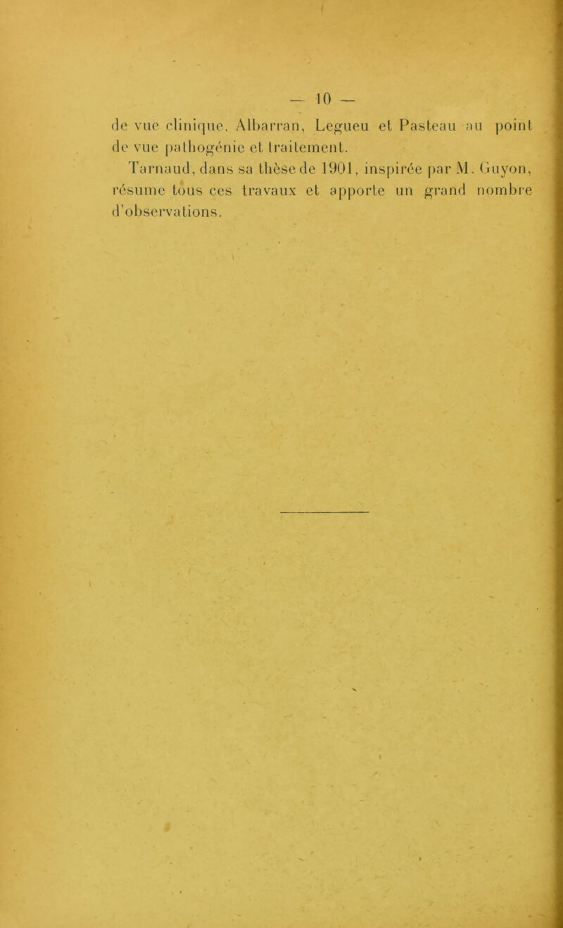 (le vue clinicjuc, Alharran, Legiieu el Pasteau au |)oint (le vue |)alliog(Miie el IraiLeineut. 'rai*nau(.l, dans sa thèsede 1901, inspirée par M. (jiiy(jn, résume Unis ces travaux et apjiorte un faraud nombre d’observations.