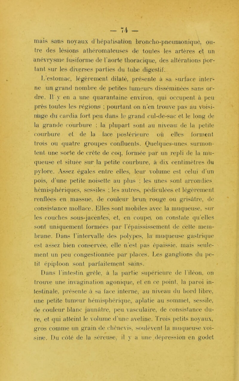 mais sans noyaux (i hépaliisalion broncho-pneumoniquo. ou- tre des lésions athéromateuses de toutes les artères et un anévrysme fusiforme de l’aorte thoracique, des altérations por- tant sur les diverses parties du tube digestif. 1/estoniac, légèi’ement dilaté, présente à .sa siud'ace intei’- ne un grand nombi'e de petites tumeui*s disséminées sans oi- dre. Il y en a une quarantaine environ, ([ui occupent à peu près toutes les régions' ; pourtant, on n’en trouve pas au voisi- nlatge du cardia foid. peu dans le gi'and cubde-sac et le long de la grande couibuie : la pkq»art sont au niveau; de la petite courbure et de la face ])osléjâ(Hire où elles forment trois o-u (|ualre groupes confluents. Quehpies-unes sni’inon- tent une soiie de crête de coq, formée j)ar un ie])li de la mu- (jueu.se et située sur la petite courbure, à dix centimètres du j)ylore. A.ssez égales entre elles, leur volume est (;elui d'un pois, d’une petite noisette au plus : les unes sont arrondies hémisphériques, sessiles ; les autre.s., pédiculées et légèrement renflées en massue, de couleur bruni rouge ou grisàtj'e, (,1e consistance rnollace. Elles sont mobiles avec la muqueuse, sur les couches sous-jacentes, et, en coiqrei, on constate (ju'elles sont uniquement formées par l’épaississement de cette mem- brane. Dans l’intervalle des ])oly])cs, la muqueuse gastri(jue est assez bien conservée, elle n’est ])as éj)aissie, mais seule- ment un |)ou congestionnée par ])laces. Les ganglions du ]>e- tit épiploon sont j)arfaitement sains. Dans l’intestin grêle, à la partie sn|)érieure de l'iléon, on trouve une invagination agoni([ue, et en ce point, la j)aroi in- testinale, présente à sa fa(;e interne, au niveau du bord libic, une |)etite tumeur hémisphéri(|ue, aplatie au sommet, sessile, de couleur blanc jaunâtre. j)cu vasculaii’e, de consistance du- re, et (jui atteint le volume d’une aveline, d’rois j)elits noyaux, gros comme un grain de chênevis, soulèvent la mu(pieu‘^e voi- siné. Du côté de la séreuse, il y a une déjiression en godet