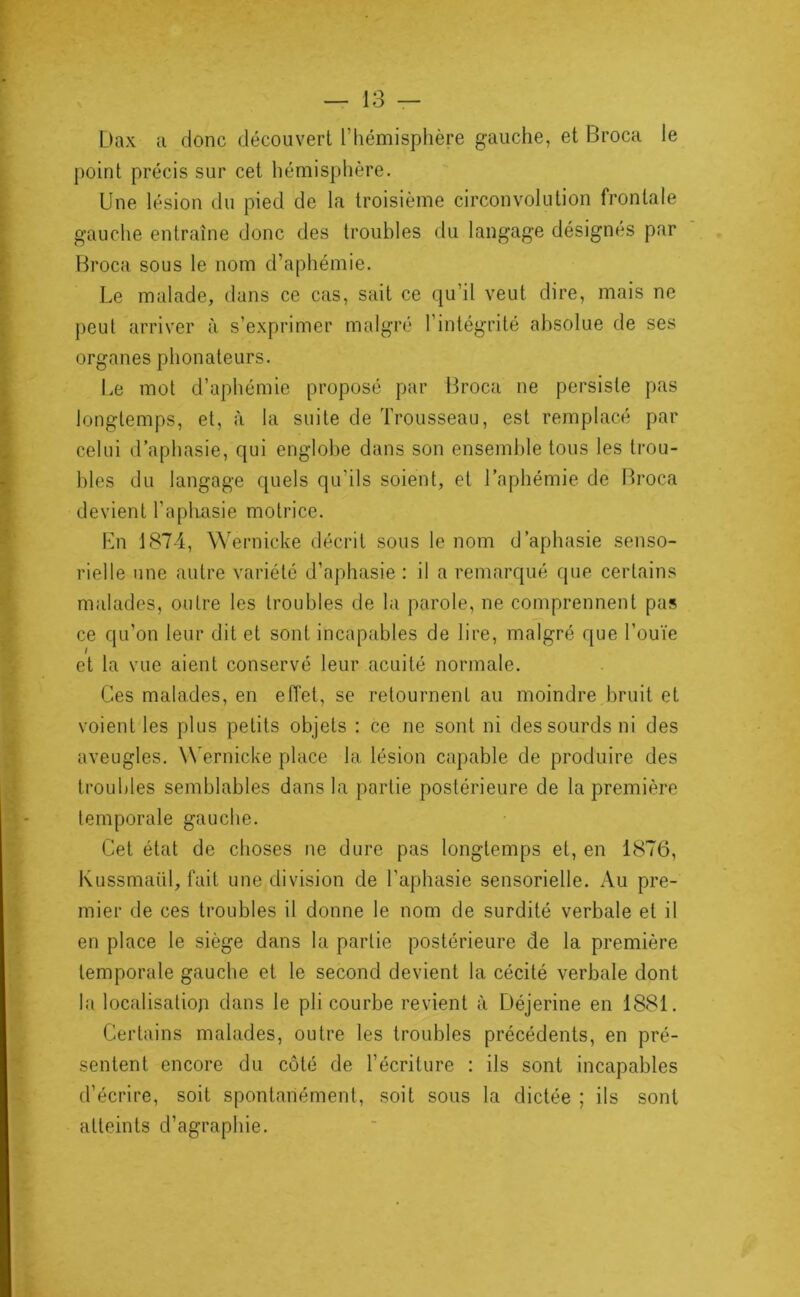 Dax a donc découvert l’iiémisplière gauche, et Broca le point précis sur cet hémisplière. Une lésion du pied de la troisième circonvolution frontale gauche entraîne donc des troubles du langage désignés par Broca sous le nom d’aphémie. Le malade, dans ce cas, sait ce qu’il veut dire, mais ne peut arriver à s’exprimer malgré l’intégrité absolue de ses organes phonateurs. Le mot d’aphémie proposé par Broca ne persiste pas longtemps, et, à la suite de Trousseau, est remplacé par celui d’aphasie, qui englobe dans son ensemble tous les trou- bles du langage quels qu’ils soient, et l’aphémie de Broca devient l’aphasie motrice. Ln 1874, Wernicke décrit sous le nom d’aphasie senso- rielle une autre variété d’aphasie : il a remarqué que certains malades, outre les troubles de la parole, ne comprennent pas ce qu’on leur dit et sont incapables de lire, malgré que l’ouïe et la vue aient conservé leur acuité normale. Ces malades, en elTet, se retournent au moindre bruit et voient les plus petits objets : ce ne sont ni des sourds ni des aveugles. Wernicke place la lésion capable de produire des troubles semblables dans la partie postérieure de la première temporale gauche. Cet état de choses ne dure pas longtemps et, en 1876, Kussmaül, fait une division de l’aphasie sensorielle. Au pre- mier de ces troubles il donne le nom de surdité verbale et il en place le siège dans la partie postérieure de la première temporale gauche et le second devient la cécité verbale dont la localisatioji dans le pli courbe revient à Déjerine en 1881. Certains malades, outre les troubles précédents, en pré- sentent encore du côté de l’écriture : ils sont incapables d’écrire, soit spontanément, soit sous la dictée ; ils sont atteints d’agraphie. s