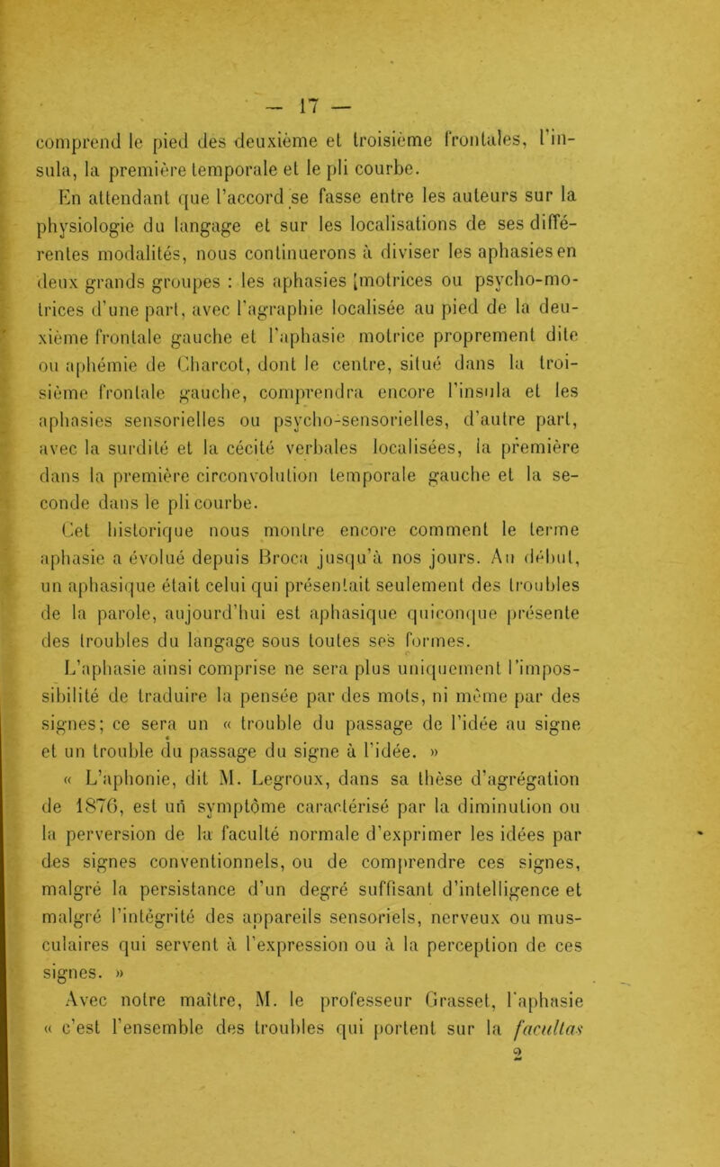 comprend le pied des deuxième et troisième (rontales, Tin- sula, la première temporale et le pli courbe. En attendant que l’accord se fasse entre les auteurs sur la physiologie du langage et sur les localisations de ses diffé- rentes modalités, nous continuerons à diviser les aphasies en deux grands groupes : les aphasies [motrices ou psycho-mo- trices d’une pari, avec l’agraphie localisée au pied de la deu- xième frontale gauche et l’aphasie motrice proprement dite ou aphémie de Charcot, dont le centre, situé dans la troi- sième frontale gauche, comprendra encore l’insula et les aphasies sensorielles ou psycho-sensorielles, d’autre part, avec la surdité et la cécité verbales localisées, la première dans la première circonvolution temporale gauche et la se- conde dans le pli courbe. Cet historique nous montre encoi’e comment le terme aphasie a évolué depuis Broca jusqu’à nos jours. Au début, un aphasique était celui qui présentait seulement des troubles de la parole, aujourd’hui est aphasique quicoiKpie présente des troubles du langage sous toutes ses formes. L’aphasie ainsi comprise ne sera plus uniquement l’impos- sibilité de traduire la pensée par des mots, ni même par des signes; ce sera un « trouble du passage de l’idée au signe et un trouble du passage du signe à l’idée. » « L’aphonie, dit M. Legroux, dans sa thèse d’agrégation de 1876, est un symptôme caractérisé par la diminution ou la perversion de la faculté normale d’exprimer les idées par des signes conventionnels, ou de com[>rendre ces signes, malgré la persistance d’un degré suffisant d’intelligence et malgré l’intégrité des appareils sensoriels, nerveux ou mus- culaires qui servent à l’expression ou à la perception de ces signes. » Avec notre maître, M. le professeur Grasset, l'aphasie « c’est l’ensemble des troubles qui portent sur la facullas C)