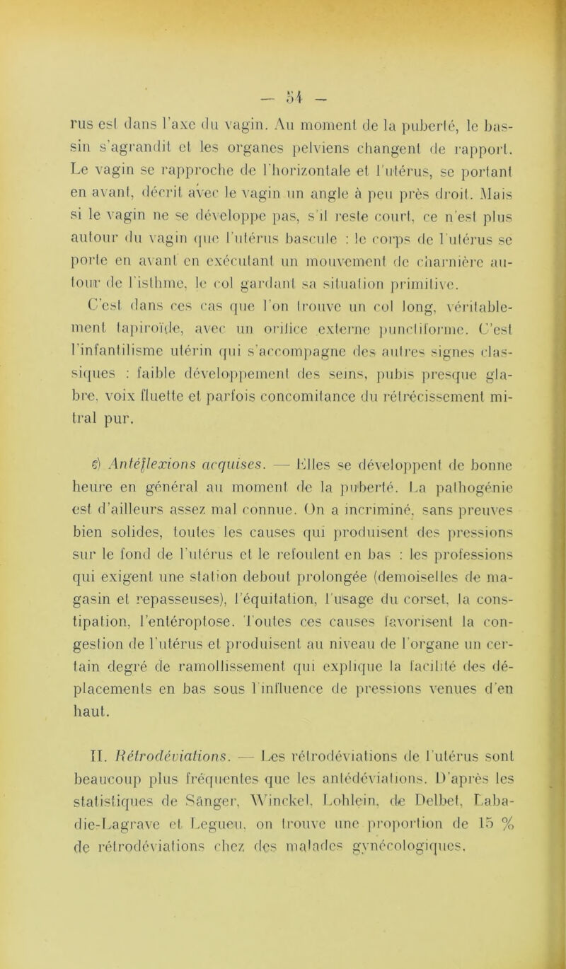 rus esl dans l’axe du vagin. Au moment de la i)uberlé, le bas- sin s’agrandit et les organes i)elviens changent de rappoii. Le vagin se rapproche de I horizontale et l'utérus, se portant en avant, déndt avec le vagin un angle à peu près di-oit. Mais si le vagin ne ^ développe pas, s’il i-este court, ce n’est plus autour du vagin (pie rutériis bascule ; le corps de l'utérus se porte en avant en exécutant un mouvement de ciiai’nière au- tou>r (le rislhme, le col gardant sa situation primitive. C’est dans ces cas (jiie l’on trouve un col long, \éi-ilable- ment lapiroïde, avec un orilicc exlei'iie punclilorme. C’est l’infantilisme utéidn ([ui s’accompagne des autres signes clas- si(pæs ; faible dévelo])pemenl des sems, pubis pres(pic gla- bre. voix fluette et parfois concomitance du rétrécissement mi- tral pur. ç) Anté-llexions acquises. — tailles se développent de bonne heui'e en général au moment de la pirberté. La palbogénie est d’ailleurs assez mal connue. On a incriminé, sans preuves bien solide.s, toutes les causes rpii produisent des pressions sur le fond de riilérus et le refoulent en bas : les professions qui exigent une station debout prolongée (demoiselles de ma- gasin et repasseuses), l’équitation, Titsage du corset, la cons- tipation, l’entéroptose. roules ces causes favonsent la con- gestion de l’utérus et produisent au niveau de l'organe un cer- tain degré de ramollissement qui explique la facilité des dé- placements en bas sous rmftuence de pressions venues d’en haut. n. Héfrodéuialions. — Les rétrodéviations de rutérus sont beaucoup plus fréquentes que les antédéviations. D’après les statistiques de Sanger, \\unckel. Lohlein, de Delbet, Laba- die-Lagrave et Legiieu. on trouve une projiortion de 15 % de rétrodéviations chez des malades gynécologiques.