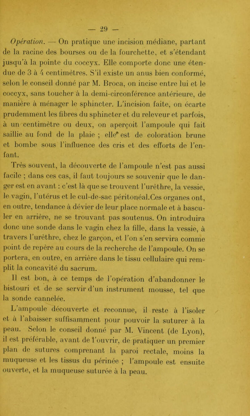 Opération. — On pratique une incision médiane, partant de la racine des bourses ou de la fourchette, et s’étendant jusqu’à la pointe du coccyx. Elle comporte donc une éten- due de 3 à 4 centimètres. S’il existe un anus bien conformé, selon le conseil donné par M. Broca, on incise entre lui et le coccyx, sans toucher à la demi-circonférence antérieure, de manière à ménager le sphincter. L’incision faite, on écarte prudemment les fibres du sphincter et du releveur et parfois, à un centimètre ou deux, on aperçoit l’ampoule qui fait saillie au fond de la plaie ; elle* est de coloration brune et bombe sous l’influence des cris et des efforts de l’en- fant. Très souvent, la découverte de l’ampoule n’est pas aussi facile ; dans ces cas, il faut toujours se souvenir que le dan- ger est en avant : c’est là que se trouvent l’urèthre, la vessie, le vagin, l’utérus et le cul-de-sac péritonéal.Ces organes ont, en outre, tendance à dévier de leur place normale et à bascu- ler en arrière, ne se trouvant pas soutenus. On introduira donc une sonde dans le vagin chez la fille, dans la vessie, à travers l’urèthre, chez le garçon, et l’on s’en servira comme point de repère au cours de la recherche de l’ampoule. On se portera, en outre, en arrière dans le tissu cellulaire qui rem- plit la concavité du sacrum. Il est bon, à ce temps de l’opération d’abandonner le bistouri et de se servir d’un instrument mousse, tel que la sonde cannelée. L’ampoule découverte et reconnue, il reste à l’isoler et a 1 abaisser suffisamment pour pouvoir la suturer à la peau. Selon le conseil donné par M. Vincent (de Lyon), il est prelérable, avant de 1 ouvrir, de pratiquer un premier plan de sutures comprenant la paroi rectale, moins la muqueuse et les tissus du périnée ; l’ampoule est ensuite ouverte, et la muqueuse suturée à la peau.