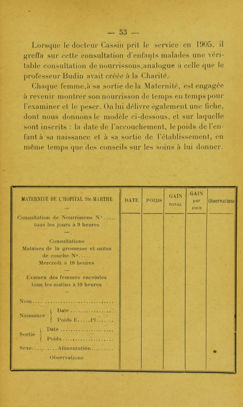 Lorsque le docteur Cassin prit le service en 1905, il greffa sur cette consultation d’enfants malades une véri- table consultation de nourrissons,analogue à celle que le professeur Budin avait créée à la Charité. Chaque femme,à sa sortie de la Maternité, est engagée à revenir montrer son nourrisson de temps en temps pour l’examiner et le peser. On lui délivre également une fiche, dont nous donnons le modèle ci-dessous, et sur laquelle sont inscrits : la date de l’accouchement, le poids de l’en- fant à sa naissance et à sa sortie de l’établissement, en même temps que des conseils sur les soins à lui donner. MATERNITÉ DE L'HOPITAL Ste-MARTHE Consultation de Nourrissons N’ .... tous les jours à 9 heures Consultations Malaises de la grossesse et suites de couche N° Mercredi à 10 heures Examen des femmes enceintes tous les matins à 10 heures Nom I Date Naissance < ( Poids E PI ! Date Sortie \ ( Poids Sexe Alimentation Observations GAIN TOT Al. GAIN JOUR