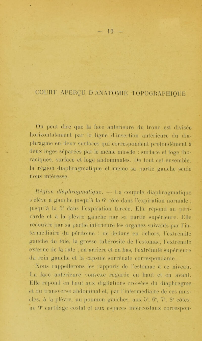 COURT APERÇU D’ANATOMIE TOPOGRAPHIQUE -v- On peut dire que la face antérieure du tronc est divisée horizontalement par la ligne d insertion antérieure du dia- phragme en deux surfaces qui correspondent profondément à deux loges séparées par le même muscle : surface et loge llio- raciques, surface et loge abdominales. De tout cet ensemble, la région diaphragmatique el même sa partie gauche seuie nous intéresse. Ilégion chapheaginalique. Ta coupole diaphragmatique s élève à gauche jusqu’à la 0r côte dans l’expiration normale ; jusqu’à la 5e dans l’expiration forcée. Elle répond au péri- carde et à la plèvre' gauche par sa partie supérieure. Elle recouvre par sa partie inférieure les organes suivants par 1 in- tcrmédiaire du péritoine : de dedans en dehors. Ic\( rémi lé gauche du loie, la grosse tubérosité de l'estomac, l'extrémité externe de la rate ; en arrière el en bas, l'extrémité supérieure du rein gauche et la capside surrénale correspondante. Nous rappellerons les rapports de l'estomac à ce niveau. La face antérieure convexe regarde en haut cl en avant. Elle répond en haut aux digitations croisées du diaphragme el du transverse abdominal et, par l’inlermédiaire de ces mus- cles, à ’a plèvre, au poumon gauches, aux 5e, üp, 7e, 8° côtes, au 0e cartilage costal et aux espaces intercostaux correspon-
