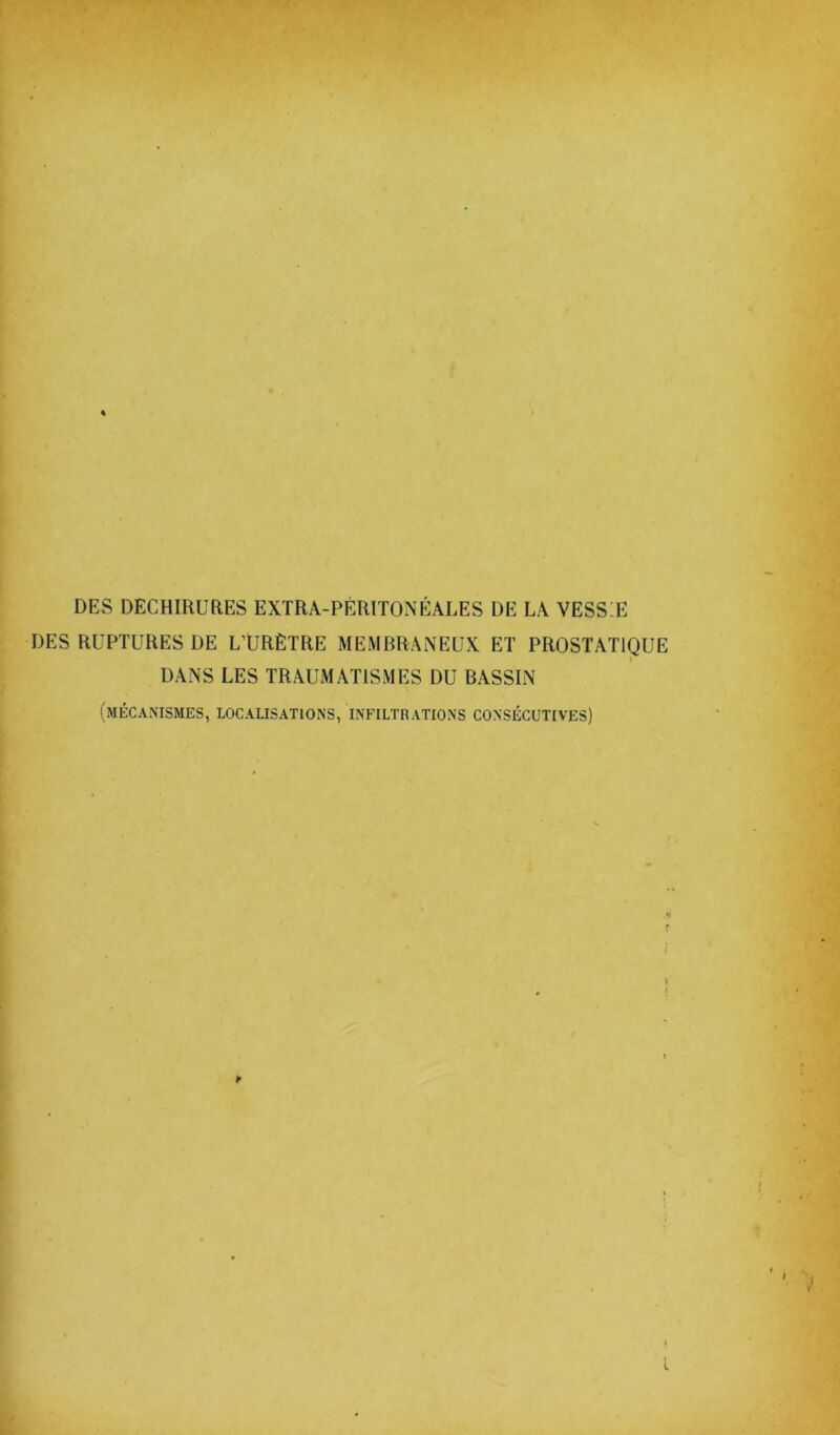 \ DES DECHIRUaES EXTRA-PÉRITONÉALES DE LA VESS;E DES RUPTURES DE L’URÈTRE MEMBRANEUX ET PROSTATIQUE DANS LES TRAUMATISMES DU BASSIN (mécanismes, localisations, infiltrations consécutives) l