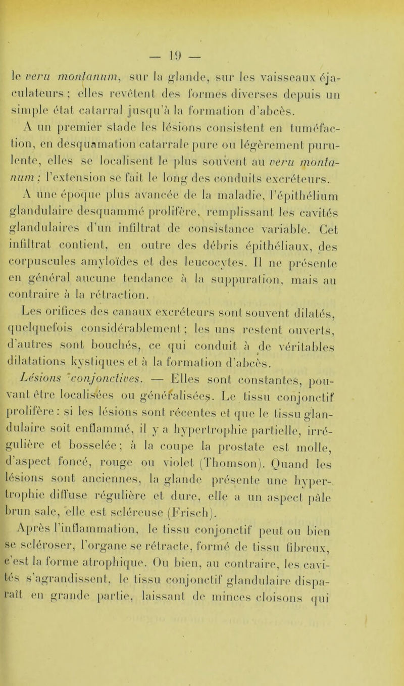 lo rerii monlaruim, sur la sur h's vaisseaux ('•ja- eulaleurs ; c‘ll{‘s i*(‘vèl(Mil des l'oriiies diverses dt'puis uii siiu|)l(‘ élal ealai'ral jus(|u’à la roriiialioii d’al)e,ès. A un [)reuiier slade l(\s lésions eousislent en luuiéfao lion, eu desquninaliou ealarrale pure ou lé^èi'euH'id puru- lente, elles se loealisenl le plus souvcud au rerii monla- niini ; l’extensiou se lail !(' Ioul»'des (•ouduils (*xeréleurs. A uiu'épo(jU(‘ plus avancée de la maladie, répilliélium «laiidulaire descpiammé prolilei-e, remplissaul h's (*avilés ^daiidulaires d’un iiiüllral de consistance variable. Cet iulilli-at contient, en outi*e des débris épithéliaux, des cor[)uscules amyloïdes (d, des leucocvles. Il m' j)résent(‘. en général aucune lendance à la sup[)nralion, mais an c()nlraii‘e à la rétraclioji. Les orilices des canaux excrétem-s sont souvent dilatés, (pieNpielois considéi-ablement ; les uns i-eslent ouveids, d’autres sont bouchés, ce (jui conduit à de véritables dilatations kvsti(jues et à la rormati(jn d’abcès. Lcsiona ‘conjoncllves. — Elles soid. constantes, pou- vant être localisées on généralisée.*?. Le tissu conjonctif prolilère: si les h'sions sont récentes (d (pu' le tissu glan- dulaiia' soit entlammé, il y a bypeidr()|)hie j)artielle, in*é- gulière et bosselée; à la couj)C la prostate est molle, d’aspect foncé, rouge ou violet (Thomson). Ouand les lésions sont anciennes, la glande pi-éseide une hypeu-. Irophie diffuse régulière et dure, elle a un as[)ecl j)àle hrun sale, elle est s(dér(mse (Frisch). A[)i‘ès rintlammation, le tissu conjonctif peut ou bi(m se scléroser, l’orgaiu'se réli-acte, formé de tissu tibreux, c’est la foi-me alroplndpu'. On bien, au conlraii*e, les cavi- tés s agrandissent, h' tissu conjomdif glandulaiia'dispa- raît en grande paidic', laissant de minces (doisons (jui