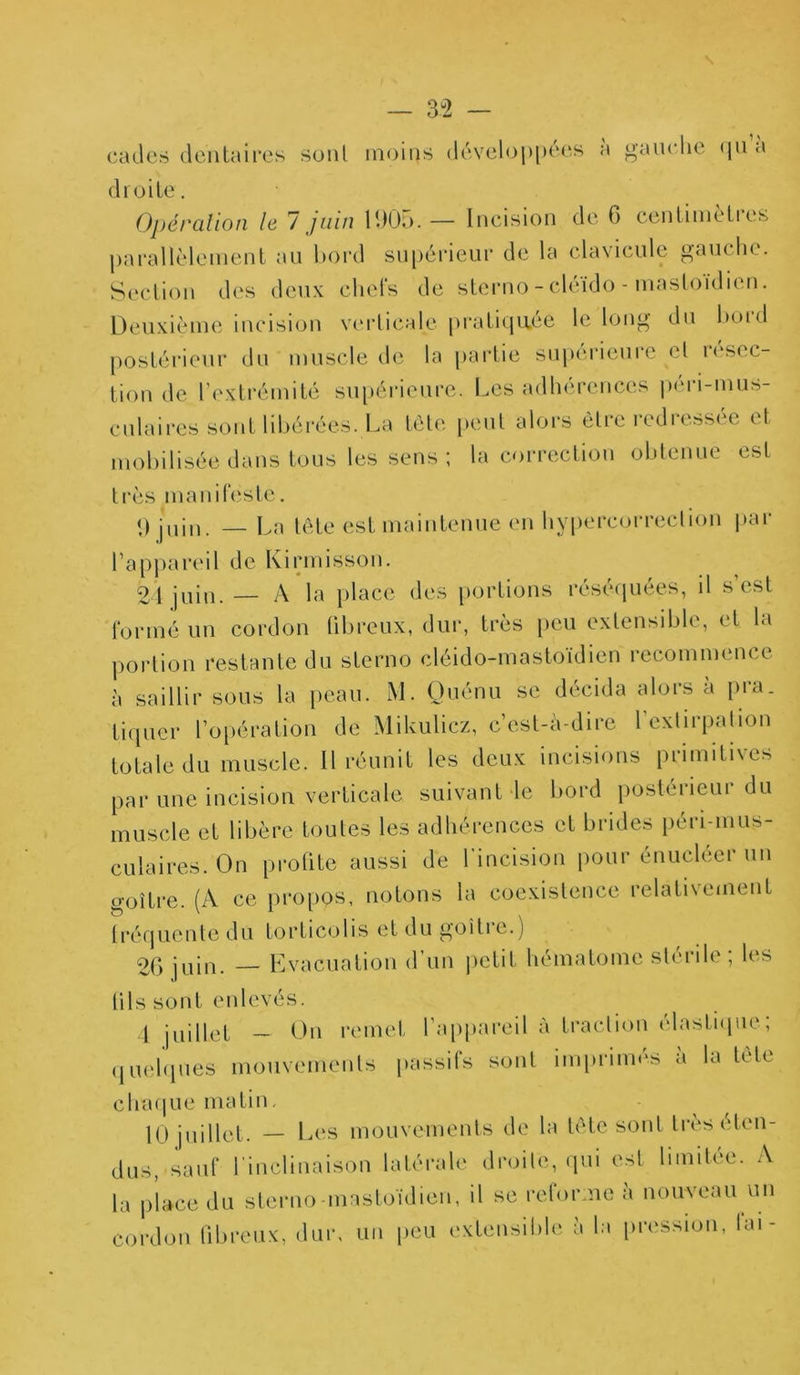 cades dentaires sont moins développées a gauche qu a droite. Opération le 1 juin 11)05. — Incision de 6 centimelies parallèlement au bord supérieur de la clavicule gauche. Section des deux chefs de sterno-cléido-mastoïdien. Deuxième incision verticale pratiquée le long du bord postérieur du muscle de la partie supérieure et i(‘sec- tion de l’extrémité supérieure. Les adhérences péri-mus- c u la ires sont libérées. La tète peut alors être redressée et mobilisée dans tous les sens ; la correction obtenue est très manifeste. <) juin. — La tête est maintenue en hypercorrection par l’appareil de Kirmisson. 24 juin. — A la place des portions réséquées, il s’est formé un cordon fibreux, dur, très peu extensible, et la portion restante du sterno cléido-mastoidien recommence à saillir sous la peau. M. Quénu se décida alors à pra. tiquer l’opération de Mikulicz, c’est-à-dire l’extirpation totale du muscle. Il réunit les deux incisions primitives par une incision verticale suivant le bord postérieur du muscle et libère toutes les adhérences et brides péri-mus- cu la ires. On profite aussi de l'incision pour énucléer un goitre. (A ce propos, notons la coexistence relativement fréquente du torticolis et du goitre.) 20 juin. — Evacuation d’un petit hématome stérile; les tils sont enlevés. 1 juillet - On remet l’appareil à traction élastique; quelques mouvements passifs sont imprimes a la tète chaque matin, IP juillet. — Les mouvements de la tête sont très éten- dus, sauf l’inclinaison latérale droite, qui est limitée. A la place du sterno-mastoïdien, il se reforme à nouveau un cordon fibreux, dur, un peu extensible à la pression, fai-