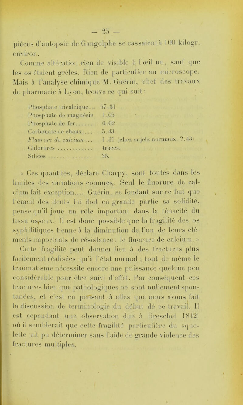 pièces d’autopsie de Gangolphe se cassaientà I*1** kilogr. environ. Comme altération rien de visible à lcril nu, saut (jue les os étaient grêles. Rien de particulier au microscope. Mais à l’analyse chimique M. Guérin, chef* des travaux de pharmacie à Lyon, trouva ce qui suit: Phosphate tricalcique. . 57..'tl Phosphate de magnésie 1.05 Phosphate de ter 0.02 (Carbonate de chaux.... 5.43 Fluorure de calcium ... 1 .31 (chez sujets normaux. 2.4.» Chlorures traces. is 36. « Ces quantités, déclare Charpy, sont toutes dans les limites des variations connues.. Seul le tUiorurc de cal- cium fait exception Guérin, se fondant sur ce fait que l’émail des dents lui doit en grande partie sa solidité, pense qu’il joue un rôle important dans la ténacité du tissu osseux. Il est donc possible que la fragilité des os syphilitiques tienne à la diminution de l'un de leurs élé- ments importants de résistance: le fluorure de calcium.» Cette fragilité peut donner lieu à des fractures plus facilement réalisées qu’à l’état normal ; tout de même le traumatisme nécessite encore une puissance quelque peu considérable pour être suivi d’effet. Par conséquent ces fractures bien que pathologiques ne sont nullement spon- tanées, et c’est en pensait! à elles (pic nous avons fait la discussion de terminologie du début dé ce travail. Il est cependant une observation due à Rreschel LS 12) où il semblerait (pie cette fragilité particulière du sque- lette ait pu déterminer sans l’aide de grande violence des fractures multiples.