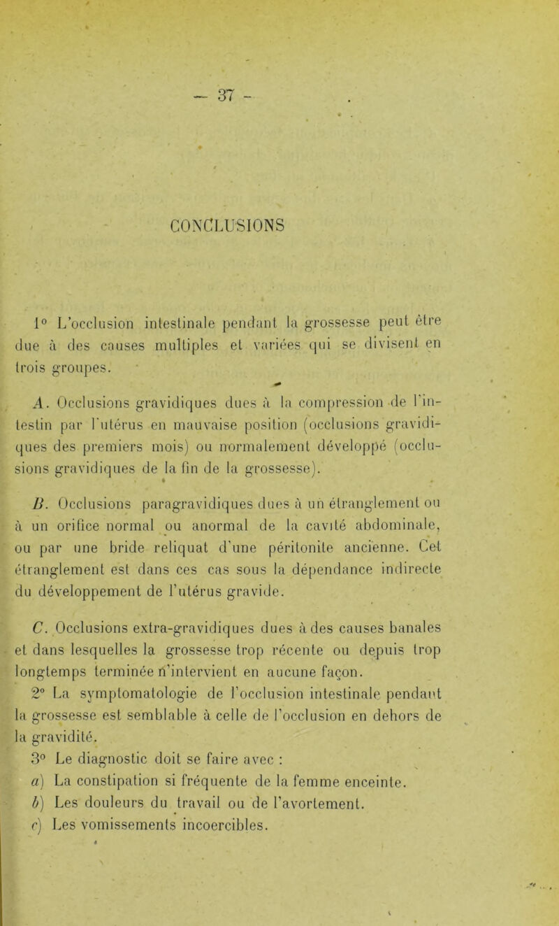 CONCLUSIONS 1° L’occlusion intestinale pendant la grossesse peut être due à des cnuses multiples et variées qui se divisent en trois groupes. A. Occlusions gravidiques dues à la compression de l'in- testin par l'utérus en mauvaise position (occlusions gravidi- ques des premiers mois) ou normalement développé (occlu- sions gravidiques de la fin de la grossesse). B. Occlusions paragravidiques dues à un étranglement ou à un orifice normal ou anormal de la cavité abdominale, ou par une bride reliquat d'une péritonite ancienne. Gel étranglement est dans ces cas sous la dépendance indirecte du développement de l’utérus gravide. C. Occlusions extra-gravidiques dues à des causes banales et dans lesquelles la grossesse trop récente ou depuis trop longtemps terminée n'intervient en aucune façon. 2° La symptomatologie de l’occlusion intestinale pendant la grossesse est semblable à celle de l'occlusion en dehors de la gravidité. 3° Le diagnostic doit se faire avec : a) La constipation si fréquente de la femme enceinte. b) Les douleurs du travail ou de l'avortement. r) Les vomissements incoercibles. K