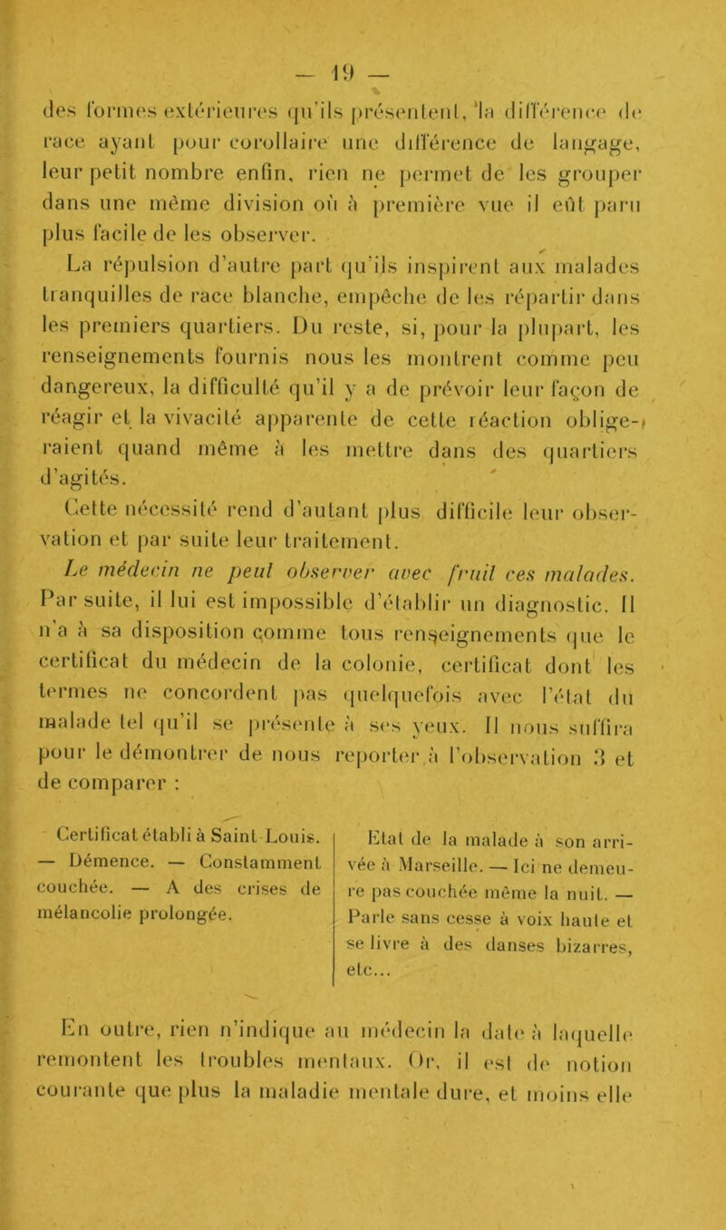 des formes exlérieiires qu’ils présenlenl,‘le dirierenei' de; race ayant poui' corollaire une dilïerence de langage, leur petit nombre enfin, rien ne permet de les grouper dans une même division où ù première vue il eût paru plus facile de les observer. La répulsion d’autre part (ju’ils inspirent au.\ malades tranquilles de race blanche, empêche de les répartir dans les premiers quartiers. Du reste, si, pour la plupart, les renseignements fournis nous les montrent comme peu dangereux, la difficulté qu’il y a de prévoir leur fa(;on de réagir et la vivacité apparente de cette réaction oblige- raient quand même à les mettre dans des quartiers d’agités. Cette nécessité rend d’autant plus vation et par suite leur ti’aitemeut. difficile leui* obser- Le médecin ne peut oLserrer avec friiil ces malades. Par suite, il lui est impossible d’élablir un diagnostic. 11 n a ù sa disposition comme tous ren?jeignements (jue le certificat du médecin de la colonie, certificat dont les termes ne concordent pas (juelquefois avec l’état du malade tel qu’il se. j)réseiite à ses yeux. 11 nous suffira pour le démontrer de nous reportei-,à l’observation d et de comparer : Certificat établi à Saint Louis. — Démence. — Constamment couchée. — A des crises de mélancolie prolongée. Ltal de la malade à son arri- vée à .Marseille. — Ici ne demeu- re pas couchée même la nuit. — Parle sans cesse à voix haute et se livre à des danses bizarres, etc... En outre, rien n’indique au médecin la dat<‘à bujuelb' remontent les troubles mentaux. Or, il (\sl de notion coui-aute que plus la maladie mentale dure, et moins elle