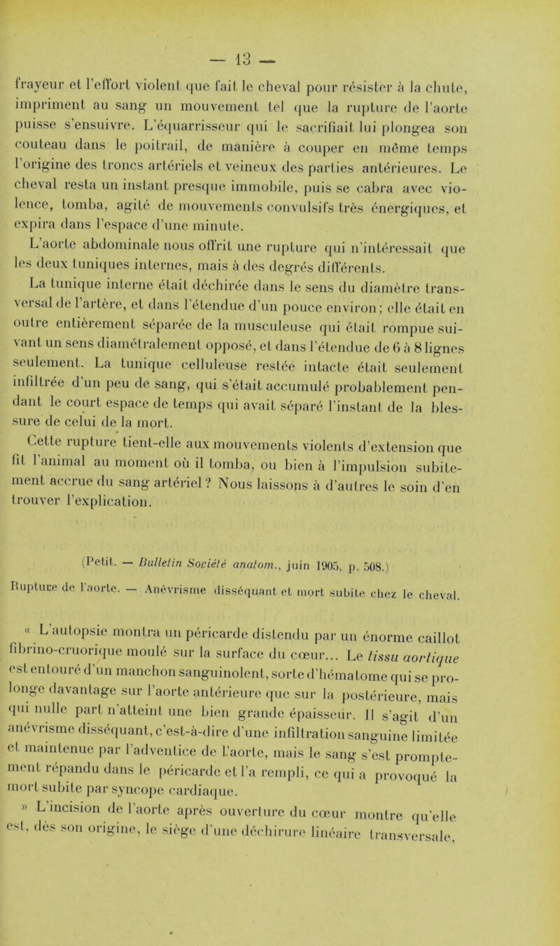 frayeur et l’effort violent que fait le cheval pour résister à la chute, impriment au sang un mouvement tel que la rupture de l’aorte puisse s ensuivre. L’équarrisseur qui le sacrifiait lui plongea son couteau dans le poitrail, de manière à couper en môme temps 1 origine des troncs artériels et veineux des parties antérieures. Le cheval resta un instant presque immobile, puis se cabra avec vio- lence, tomba, agité de mouvements convulsifs très énergiques, et expira dans l'espace d’une minute. L aorte abdominale nous oltrit une rupture qui n intéressait que les deux tuniques internes, mais à des degrés différents. La tunique interne était déchirée dans le sens du diamètre trans- \ei sal de 1 artère, et dans 1 étendue d’un pouce environ ; (die était en outie entièiement séparée de la musculeuse qui étail, rompue sui- vant un sens diamétralement opposé, et dans l’étendue de 6 à 8 lignes seulement. La tunique celluleuse restée intacte était seulement infiltrée d’un peu de sang, qui s’était accumulé probablement pen- dant le court espace de temps qui avait séparé l’instant de la bles- sure de celui de la mort. ( .tttv luptuie tient-elle aux mouvements violents d’extension que fit l’animal au moment où il tomba, ou bien à l’impulsion subite- ment accrue du sang artériel? Nous laissons à d’autres le soin d’en trouver l’explication. (Petit. — Bullelirt Société anatom., juin 1905, p. 508.) Huptuce de 1 aorte. - Anévrisme disséquant et mort subite chez le cheval. « L’autopsie montra un péricarde distendu par un énorme caillot fibrino-cruorique moulé sur la surface du cœur... Le lissa aortique est entouré d’un manchon sanguinolent, sorte d’hématome qui se pro- longe davantage sur l’aorte antérieure que sur la postérieure, mais qui nulle part n atteint une bien grande épaisseur. 11 s'agit d’un anévrisme disséquant, c’est-à-dire d'une infiltration sanguine limitée et maintenue par l’adventice de L’aorte, mais le sang s’est prompte- ment répandu dans le péricarde et l’a rempli, ce qui a provoqué la mort subite par syncope cardiaque. » L incision de l’aorte après ouverture du cœur montre quelle est, des son origine, le siège d’une déchirure linéaire transversale.