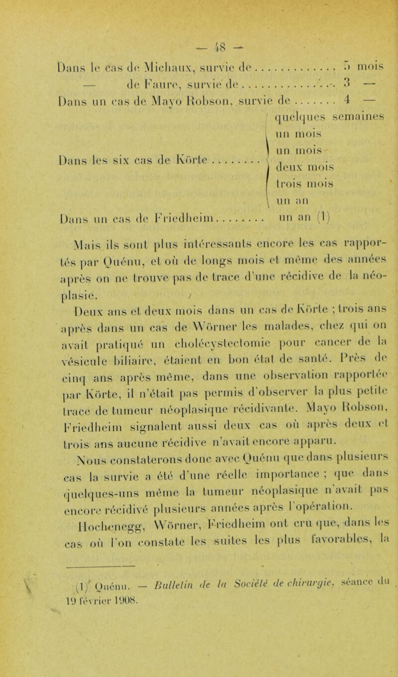 Dans les six cas de Korle Dans 1(‘ cas d(‘. Michaux, survie de > mois — de l^’aun', sni'vie d(*. d — Dans un cas de Mayo Hol)son, survie de 4 — (juehjues semaines , un mois un mois deux mois (l’ois mois un an Dans nn cas de h’idedlieim nn an (1) Mais ils sont })lns inléressanls encore les cas rappor- tés |)ar Ouénu, et où de longs mois et même des années ai)rès on ne trouve pas de trace d’une i-écidive de la néo- plasie. Deux ans et deux mois dans un cas de Korle ; trois ans après dans un cas de W <)rner les malades, chez (jui on avait pratiqué nn cholécyslecdomie pour cancei' de la vésicule biliaire, étaient en bon état de santé. Près de cinq ans après môme, dans une observation ra[>porlée par Korte, il n’était pas permis d’observer la plus petde trace de tumeur néoplasi(jue récidivante. Mayo Hobson, priedheim signalent aussi deux cas on ai)rès deux <‘1 trois ans aucune récidive n’avait encore apparu. Nous constaterons donc avec Ouénn (jue dans plusieurs cas la survie a été d’une réelle inqiortance ; (pie dans (juehjues-uns même la tumeur néoplasi(pic n’avait pas encore l'écidivé plusieurs années après l opération. IpKdiepegg, \V()rner, Friedheim ont cru (jue, dans h's cas oh Ton constate les suites les jilus favorables, la qiy _ Jhilletin de la Sociélé de chiriinjie, séance ilu lu lévrier 1U08.