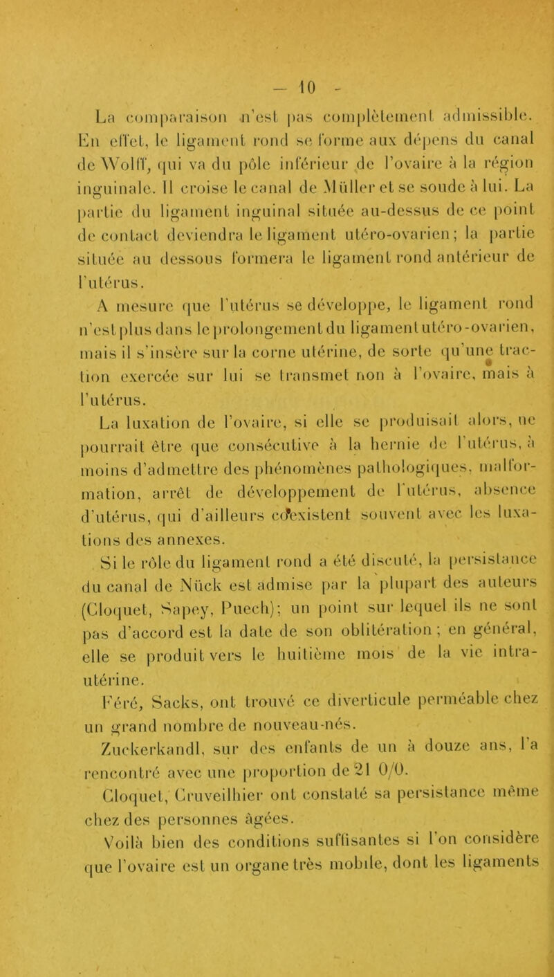 La comparaison n’est pas complètement admissible. En elïet, le ligament rond se forme aux dépens du canal de Wolff, qui va du pôle inférieur de l’ovaire à la région inguinale. Il croise le canal de Millier et se soude à lui. La o partie du ligament inguinal située au-dessus de ce point de contact deviendra le ligament utéro-ovarien ; la partie située au dessous formera le ligament rond antérieur de l'utérus. A mesure que l’utérus se développe, le ligament rond n’est plus dans le prolongement du ligament utéro-ovarien, mais il s'insère sur la corne utérine, de sorte qu’une trac- tion exercée sur lui se transmet non à l’ovaire, mais à l’utérus. La luxation de l’ovaire, si elle se produisait alors, ne pourrait être que consécutive à la hernie de 1 utérus, a moins d’admettre des phénomènes pathologiques, mallor- mation, arrêt de développement de l'utérus, absence d’utérus, qui d'ailleurs coexistent souvent avec les luxa- tions des annexes. Si le rôle du ligament rond a été discuté, la persistance du canal de Nück est admise par la plupart des auteurs (Cloquet, Sapey, Puech); un point sur lequel ils ne sont pas d’accord est la date de son oblitération; en général, elle se produit vers le huitième mois de la vie intra- utérine. Eéré, Saeks, ont trouvé ce diverticule perméable chez un grand nombre de nouveau-nés. Zuckerkandl, sur des entants de un a douze ans, 1 a rencontré avec une proportion de 21 0/0. Cloquet, Cruveilhier ont constaté sa persistance même chez des personnes âgées. Voilà bien des conditions suflisantes si 1 on considère que l’ovaire est un organe très mobile, dont les ligaments