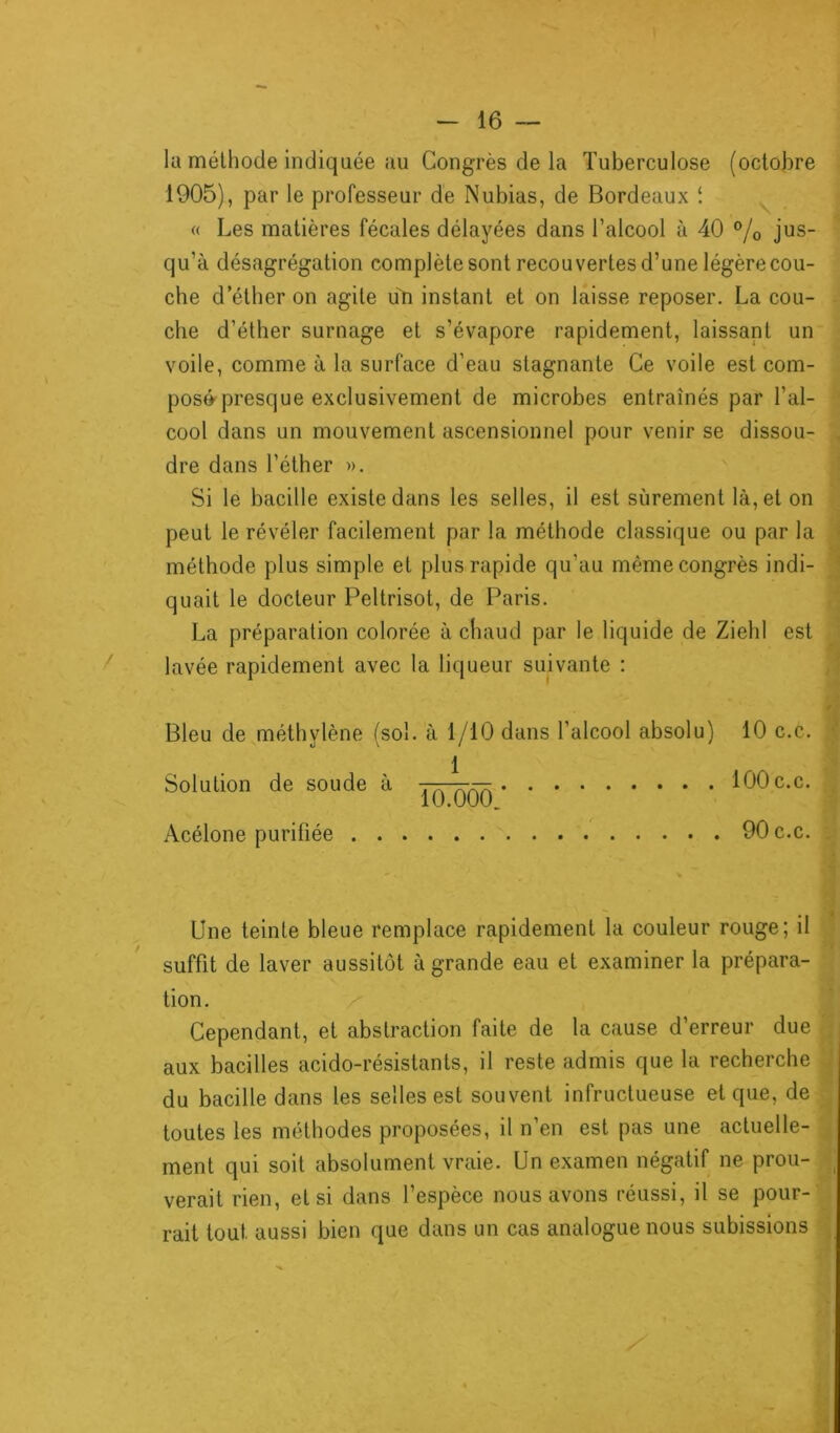 la méthode indiquée au Congrès de la Tuberculose (octobre 1905), par le professeur de Nubias, de Bordeaux « Les matières fécales délayées dans l’alcool à 40 °/0 jus- qu’à désagrégation complète sont recouvertes d’une légère cou- che d’éther on agite un instant et on laisse reposer. La cou- che d’éther surnage et s’évapore rapidement, laissant un voile, comme à la surface d’eau stagnante Ce voile est com- posé presque exclusivement de microbes entraînés par l’al- cool dans un mouvement ascensionnel pour venir se dissou- dre dans l’éther ». Si le bacille existe dans les selles, il est sûrement là, et on peut le révéler facilement par la méthode classique ou par la méthode plus simple et plus rapide qu’au même congrès indi- quait le docteur Peltrisot, de Paris. La préparation colorée à chaud par le liquide de Zielil est lavée rapidement avec la liqueur suivante : Bleu de méthylène (sol. à 1/10 dans l’alcool absolu) 10 c.c. 1 Solution de soude à -- -y— 100 c.c. 10.000. Acélone purifiée 90 c.c. Une teinte bleue remplace rapidement la couleur rouge; il suffit de laver aussitôt à grande eau et examiner la prépara- tion. Cependant, et abstraction faite de la cause d’erreur due aux bacilles acido-résistants, il reste admis que la recherche du bacille dans les selles est souvent infructueuse et que, de . toutes les méthodes proposées, il n’en est pas une actuelle- ment qui soit absolument vraie. Un examen négatif ne prou- verait rien, et si dans l’espèce nous avons réussi, il se pour- rait tout aussi bien que dans un cas analogue nous subissions