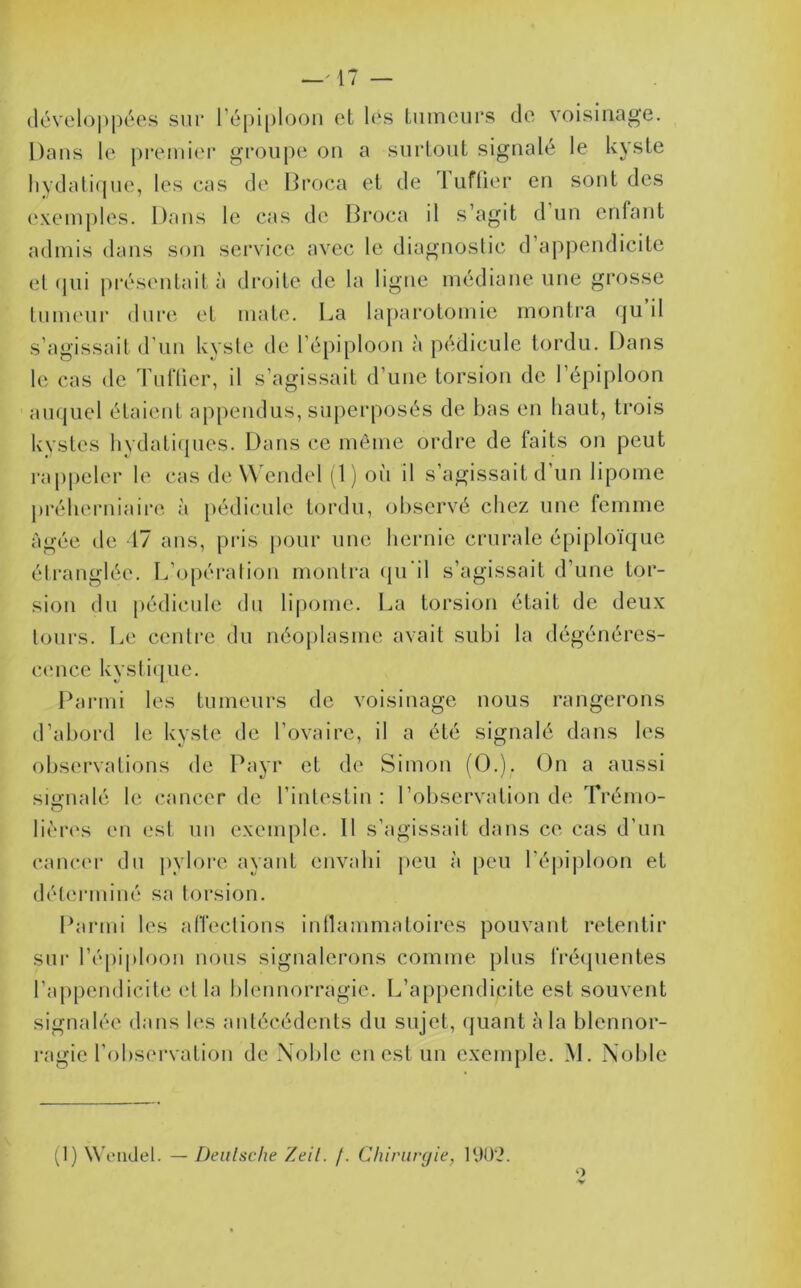 développées sur répi[)loon et lés luincurs de voisinage. Dans le pi'emier groupe on a surtout signalé le kyste hydatique, les cas de Hroca et de 1 Liftier en sont des (‘\em|)les. Dans le cas de Broca il s’agit d un enfant admis dans son service avec le diagnoslic d’appendicite et (jui pi’ésentait à droite de la ligne médiane une grosse tumeur dure et mate, La laparotomie montra qu il s’agissait d’un kyste de l’épiploon à pédicule tordu. Dans le cas de Tuilier, il s’agissait d’une torsion de l’épiploon ' auquel étaieut appendus, superposés de bas en haut, trois kystes hydatiques. Dans ce même ordre de faits on peut rappeler le cas de W'endel il) où il s’agissait d’un lipome |)réherniaire à pédicule tordu, observé chez une femme âgée de 17 ans, pris iiour une hernie crurale épiploïque élranglée. L’opération montra qu’il s’agissait d’une tor- sion du pédicule du lipome. La torsion était de deux tours. Le cenli-e du néoplasme avait subi la dégénéres- cence kystique. Banni les tumeurs de voisinage nous rangerons d’abord le kyste de l’ovaire, il a été signalé dans les observations de Payr et de Simon (O.). On a aussi smnalé le cancer de l’intestin : l’observation de Trémo- D lièri's eu est iiu exemple. 11 s’agissait dans ce cas d’un cancer du pylore ayant envahi jieu à peu l’épiploon et déterminé sa torsion. Banni les alTeclious inllammaloires pouvant retentir sur ré[)iploou nous signalerons comme plus lï-équentes l’appendicite et la Idennorragie. L’appendicite est souvent signalée dans les antécédents du sujet, quant à la blennor- ragie l’observation de Noble en est un exemple. M. Noble (1) Weiidel. — Deiilsche Zeil. /. Chirurgie, l‘JO'2.