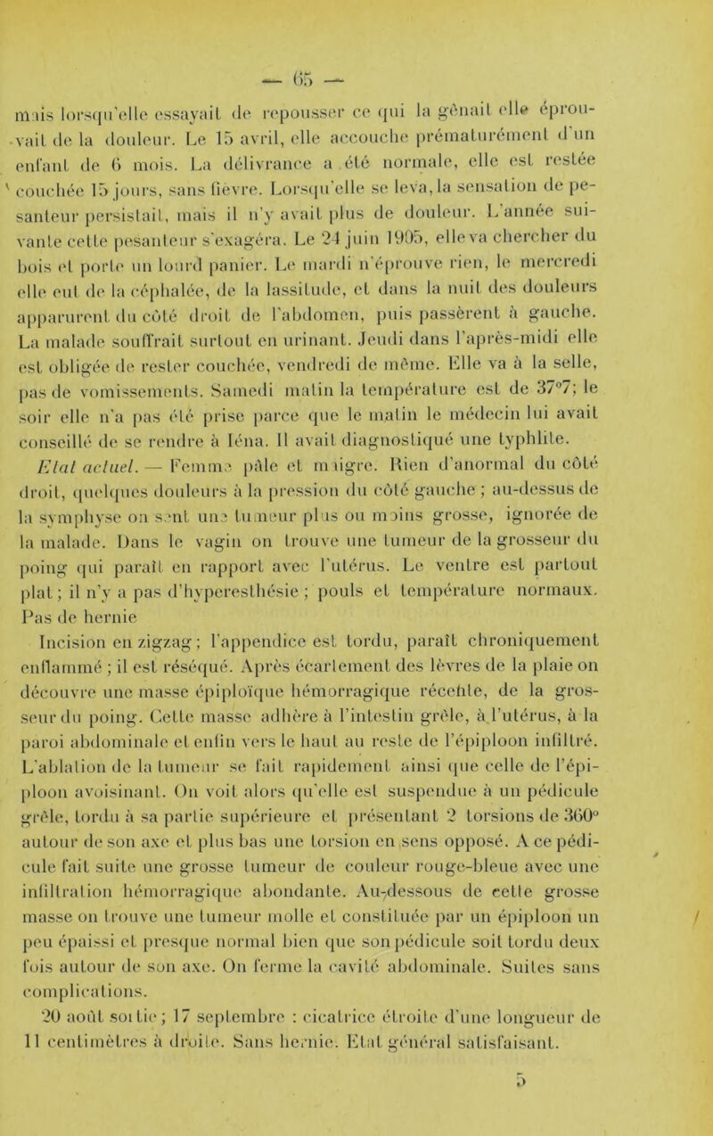 — ()“) — ni:us l()rs([irelle ('ssayaiL de repousser ce (jui la j^t’inail (die éprou- •vail (le la douleur. Le 15 avril, elle accouche préinaLuiaîmenl d’un euraiil de () mois. La délivrance a élé normale, elle esL restée ' couchée 15 jours, sans lièvre. Lorsqu’elle se leva, la sensation de |)e- sanleur persistait, mais il n’y avait plus de douleur. L année sui- vante cette pesanteur s exag’éra. Le 24 juin 1905, elle va chercher du bois et port(> un lourd panier. Le mardi n’é[)rouve rien, le mercredi elle eut de la céphahie, de la lassitude, et dans la nuit des douleurs apparurent du c(jté droit de l'abdomen, puis j)assèrent a gauche. La malade soutirait surtout en urinant. Jeudi dans l’après-midi elle est obligée de rester couchée, vendredi de nu'me. Elle va à la selle, pas de vomissements. Samedi malin la température est de 37°7; le soir elle n’a pas été prise parce que le matin le médecin lui avait conseillé de se rendre à léna. Il avait diagnostiqué une typhlite. l'Jlal acluel. — Vo.mim [ulle et miigre. Hien d’anormal du côté droit, ([uehjues douleurs à la [U’ession du côté gauche ; au-dessus de la symphyse on sent une tumeur plus ou moins gros.se, ignorée de la malade. Dans le vagin on trouve une tumeur de la grosseur du poing (jui paraît en rapport avec l’utérns. Le ventre est partout plat ; il n’y a pas d’hyperesthésie ; pouls et température normaux. Pas de hernie Incision en zigzag ; l’ap[)endice est tordu, paraît chroni(iuement enflammé ; il est réséqué. Après écartement des lèvres de la j)laie on découvre une masse épiploï(pie hémorragique récelile, de la gro.s- seurdu poing. Celte niasse adhère à l’intestin grêle, à rutérus, à la paroi abdominale et enfin vers le haut au reste de ré[)iploon infiltré. L’ablation de la tumeur se fait ra[)idement ainsi (pie celle de l’épi- ploon avoisinant. On voit alors ([u’elle est suspendue à un pédicule grêle, tordu à sa partie supérieure et présentant 2 torsions de 360“ autour de son axe et plus bas une torsion en,sens opposé. A ce pédi- cule fait suite une grosse tumeur de couleur rouge-lileue avec une infiltration hémorragique abondante. Au-dessous de cette grosse masse on trouve une tumeur molle et constituée par un épiploon un / peu épaissi et presque normal bien (pie son])édicule soit tordu deux fois autour de son axe. On ferme la cavité abdominale. Suites sans complications. 20 août SOI tic ; 17 septembre ; cicatrice étroite d'une longueur de 11 centimètres à droite. Sans hernie, hitat général satisfaisant.