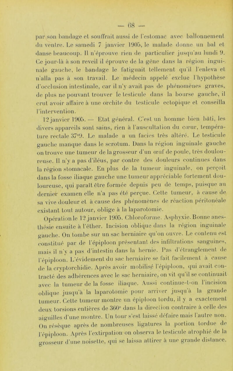 pni’ son l)îm(l:ige cl soulïraiL aussi de l'esloinac avec halloimemcnl (lu veulni. Le samedi 7 janvier 190â, le malade donne un hal et (.lanse heaucoup. Il n’é|u‘ouve rien de parliculier jnscpi’au lundi 9. Ce jour-là à son reveil il éprouve de la {^ène dans la réj^ion ingui- nale gauche, le bandage le ratiguait tellemeiiL qu’il l’enleva el n’alla pas à son travail. Le médecin appelé exclue l’hypothèse d’occlusion intestinale, car il n’y avait pas de phénomènes gi'aves, de plus ne pouvant trouver le testicule dans la bourse gauche, il crut avoir alVaire à une orchite du testicule ectopique et conseilla rint(‘rvention. 19 janvi(M-190Ü.— h^tat généi’al. C’est un homme bien bâti, les divers a|)par<'ils sont sains, rien à l’auscidtalion du c(cur, temj)éra- ture rectale d7“9. Le malade a un l'acdc's très altéré. Le testicule gauche mam|ue dans le scrotum. Dans la région inguinale gauche on trouve une tumeur de la grosseur d’un (cul' de poule, très doulou- reuse. 11 n’y a pas d’iléus, par contre des douleurs continues dans la région stomacale. Lupins de la lumeur inguinale, on perçoit dans la fosse iliaque gauche une tumeur ai)préciable forlement dou- loureuse, qui paraît être formée depuis peu de temps, puisque au dernier examen elle n’a pas été pei-çue. Celte tumeui-, à cause de sa vive douleur et à cause des phénomènes de réaction péritonéale existant toid. autour, oblige à la laparotomie. Opération le 19 janvier 1905. Chloroforme. Asphyxie. Bonne anes- thésie ensuite à l’éther. Incision obli([ue dans la région inguinale gauche. On tombe sur un sac herniaire qu’on ouvre. Le contenu est ronsliliié par de l’épiploon présentant d('s intillralions .sanguines, mais il n’y a pas d’intestin dans la hernie. Pas d’étranglement de l’épiploon. L’évidement du .sac herniaire se fait facilement à cau.se de la cryptorchidie. vVprès avoir mobilisé répi[)loon, ipii avait con- tracté des adhérences avec le sac hei niaire, on vil qu’il se continuait avec la tumeur de la fosse iliacpie. .\ussi continue-t-on l’incision oblique jusqu’à la laparotomie pour arriver ju.si[u’à la grande tumeur. Cette lumeur montre un épiploon tordu, il y a exactement deux lor.sions entières de .‘W dans la diivclion contraire à celle des aiguilles d’une montre. Un loni‘ s est laisse* dc'laire mais 1 aulie non. On réscepie après de nombreuses ligatures la portion tordue de l’épi[)loon. .\près l’extirpation on observa le testicule atrophié de la o-rosseur d’une noi.sette, cpii se laissa attirer à une grande distance.