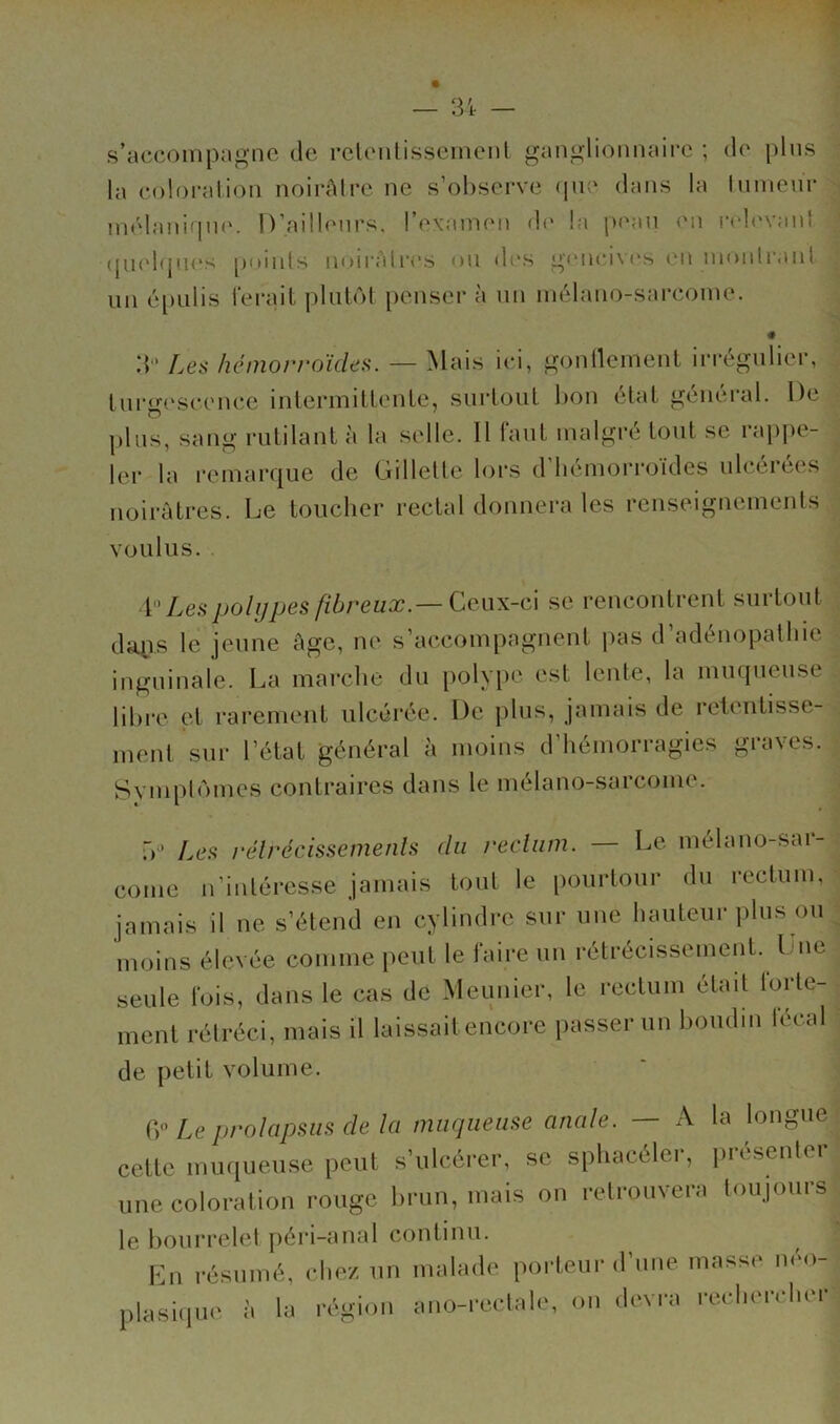 s’accompagne de relenlissemenl ganglionnaire ; de pins la coloration noirAIre ne s’obsei’ve (pie dans la Inmenr mélanitpu'. D’aillenrs. l’examen d(' la pean en relt'vanl (jii('l(pi(*s poinls m>n‘àli*(*s oii des g(‘nci\(*s en moidixml un (.'‘[)Lilis ferait plub'it [>enser à un mélano-sarcome. 3“ Les hémorroïdes. — Mais ici, gonllement irrégulier, lurg(‘scence intermitlenle, surtout bon état général. De plus, sang rutilant à la selle. Il faut malgré tout se rapjie- 1er la i’emarfjue de Gdlette lors d bemoi'i'fjîdes ulceiees noirâtres. Le toucher rectal donnera les renseignements voulus. 1 Ij6Spolypes fibreux.— Ceux-ci se rencontrent surtout daps le jeune âge, ne s’accompagnent pas d’adénopalbie inguinale. La marche dn polyiie est lente, la miupieuse libre et rarement ulcérée. De plus, jamais de retentisse- ment sur l’état général à moins d’hémorragies graves. Sympl(unes contraires dans le mélano-sarcome. T)*’ Les rélrécissemenls du recliim. — Le mélano-sar- come n’intéresse jamais tout le pourtour du rectum, jamais il ne s’étend en cylindre sur une hauteur plus ou moins élevée comme peut le faire uu rétrécissement. Lue seule fois, dans le cas de Meunier, le rectum était torte- ment rétréci, mais il laissait encore passer un boudin fécal de petit volume. T)'’ Le prolapsus de la muqueuse anale. — A la longue celle inufiueuse peul s’ulcérer, sc spliacéler, présenter unecoloralion rouge brun, mais on relronvera loujours le bourrelet péri-anal continu. Kn résumé, cliez un malade porteur d’une masse néo- plasbiue à la région ano-i’edale, ou devra recberclior