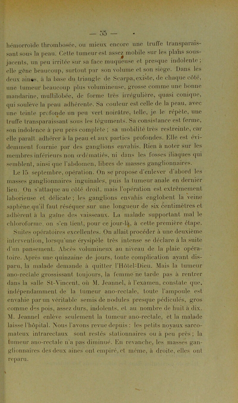 oo héinorroïdo Ihroinljosce, ou mieux encore une Irufle Iransparais- saiiLsous la peau. Celle tumeur est assez mobile sur les plans soms- jaceals, un peu irritée sur sa face mmjucusc et presque iucloleule, elle f.çéue beaucoup, surtout par sou volume et son sièg'e. Dans les deux aimis, à la base du triauj^le de Searpa, existe, de chacpie côté, une tumeur beaucoup plus volumineuse, grosse comme une bonne mandarine, mullilobée, de lorme très irrégulière, quasi conitpie, qui soulève la peau adhérente. Sa couleur est celle de la peau, avec une teinte profonde un peu vert noirâtre, telle, je le repète, une ti'ulVe transparaissant sous les téguments. Sa consistance est terme, son indobmce à peu près complète ; sa mobilité très restreinte, car elle paraît adhérer à la peau -etauv parties profondes. Elle est évi- demment fournie par des ganglions envahis. Rien a noter sur les membres inlerieurs non (cdémaliés, ni dans les lusses iliaques cpii semblent, ainsi (jue rabdomen, libres d(' masses ganglionnaires. Le 15 septembre, opération. On se propose d’enlever d'abord les masses ganglionnaires inguinales, puis la tumeur anale en dernier lieu. On s’attaque au coté droit, mais l’opération est extrêmement laborieuse et délicate ; les ganglions envahis englobent la veine saphène qu’il faut réséquer sur une longueur de six centimètres et adhèiamt à la gaine des vaisseaux. La malade supportant mal le cldoroforme. on s’en lient, pour cejour-1^, à celte première étape. Suites opératoires excellentes. On allait procéder à une deuxième inl('rv('ntion, lorsqu'une érysipèle très intense se déclare à la suite d’un pansement. Abcès volumineux au niveau de la plaie opéra- toire. Après une (juinzaine de jours, toute complication ayant dis- paru, la malade demande à ([uitler l’Ilôtcl-Dieu. Mais la tumeur ano-reclale grossissant toujours, la femme ne tarde pas à rentrer dans la salle St-Vincenl, o(i M. Jeannel, à l’examen, constate que, indépendamment de la tumeur ano-reclale, toute l’ampoule est envahie par un véritable semis de nodules presque pédiculés, gros comme des pois, assez durs, indolents, et au nombre de huit à dix. M. .leannel enlève seulement la tunnmr ano-reclale, et la malade laisse l’hôpital. Nous l’avons revue depuis: les petits noyaux sarco- pialeux inlrarectaux sont la'slés stationnaires ou à peu près; la tumeur ano-rectalc n’a [las diminué. En revanche, les masses gan- glionnaires des deux aines ont empiré, et même, à droite, elles ont reparu. V