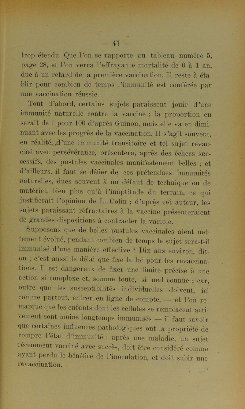 trop étendu. Qne l’on se rai^porte rai tablean numéro 5, page 28, et l’on verra l’effrayante mortalité de 0 à 1 an, due à un retard de la première vaccination. Il reste à éta- blir pour combien de temps l’immunité est conférée par une vaccination réussie. Tout d’abord, certains sujets paraissent jouir d’une immunité naturelle contre la vaccine ; la proportion en serait de 1 pour 100 d’après Guinon, mais elle va en dimi- nuant avec les progrès de la vaccination. Il s’agit souvent, en réalité, ;d’une immunité transitoire et tel sujet revac- ciné avec persévérance, présentera, après des écliecs suc- cessifs, des pustules vaccinales manifestement belles ; et d’ailleurs, il faut se défier de ces prétendues immunités naturelles, dues souvent à un défaut de technique ou de matériel, bien plus qu’à l’inaptitude du terrain, ce qui justifierait l’opinion de L. Golin ; d’après cec auteur, les sujets paraissant réfractaires à la vaccine présenteraient de grandes dispositions à contracter la variole. Supposons que de belles pustules vaccinales aient net- tement évolué, pendant combien de temps le sujet sera-t-il immunisé d’une manière effective ? Dix ans environ, dit- on ; c’est aussi le délai que fixe la loi pour les revaccina- tions. Il est dangereux de fixer une limite précise à une action si complexe et, somme toute, si mal connue ; car, outre que les susceptibilités individuelles doivent, ici' comme partout, entrer en ligne de compte, — et l’on re marque que les enfants dont les cellules se remplacent acti- vement sont moins longtemps immunisés — il faut savoir que certaines influences pathologiques ont la propriété de rmnpre l’état d’immunité : après une maladie, un sujet lécemment vacciné avec succès, doit être considéré comme ayant perdu le bénéfice de l’inoculation, et doit subir une revaccination.