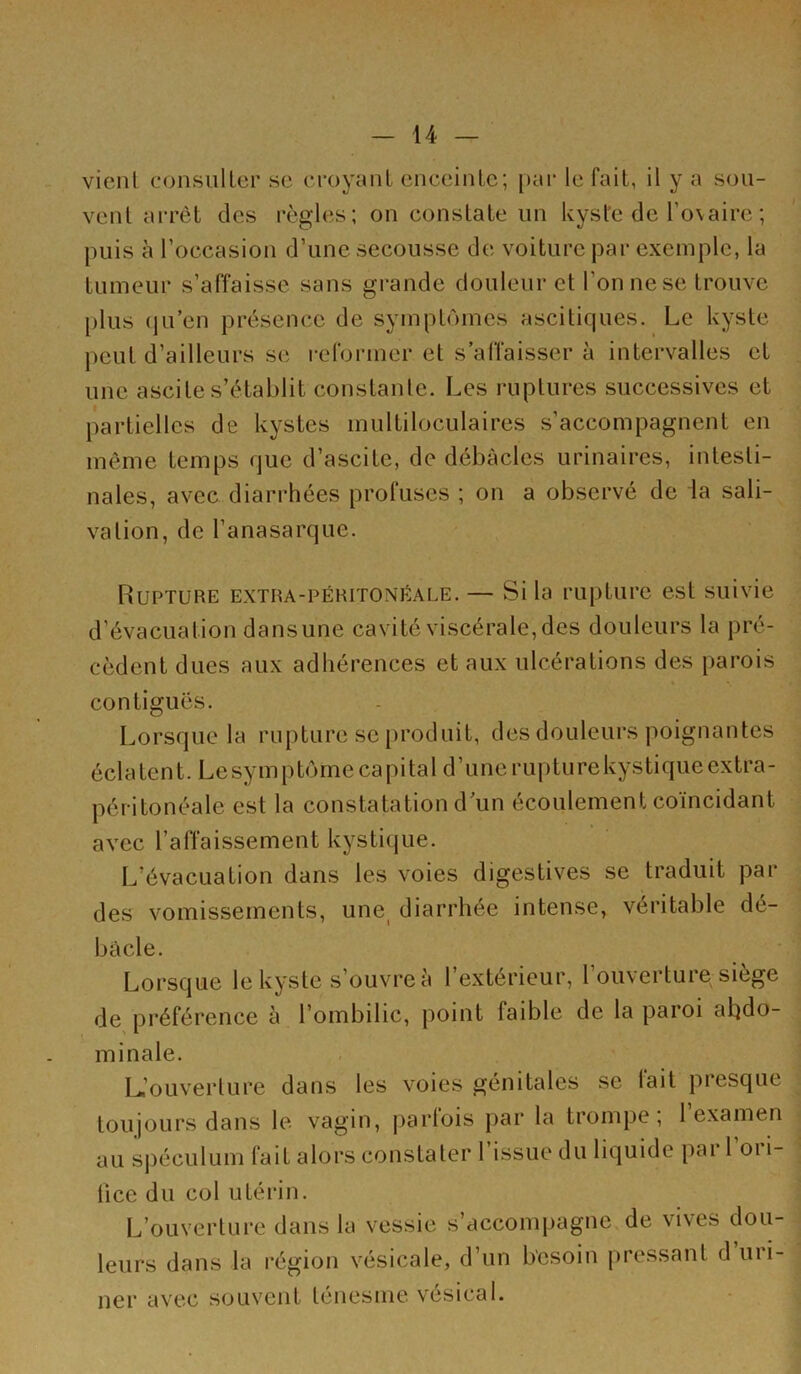 vicnl consulter se croyant enceinte; [)ai- le fait, il y a sou- vent ai-rèt des règles; on constate iin kyste de Tovaire ; puis à l’occasion d’une secousse de voiture par exemple, la tumeur s’affaisse sans grande douleur et l’on ne se trouve [)lus (lu’en présence de symptômes ascitiques. Le kyste peut d’ailleurs se i-eformer et s’affaisser à intervalles et une ascite s’établit constante. Les ruptures successives et partielles de kystes multiloculaires s’accompagnent en même temps que d’ascite, de débâcles urinaires, intesti- nales, avec diarrhées profuses ; on a observé de la sali- vation, de l’anasarque. Rupture extra-péritonéale. — Si la rupture est suivie d’évacuation dans une cavité viscérale, des douleurs la pré- cèdent dues aux adhérences et aux ulcérations des parois « contiguës. Lorsque la rupture se produit, des douleurs poignantes éclatent. Le symptôme capital d’une rupture kystique extra- péritonéale est la constatation d’un écoulement coïncidant avec l’affaissement kysticjue. L’évacuation dans les voies digestives se traduit par des vomissements, une^ diarrhée intense, véritable dé- bâcle. Lorsque le kyste s’ouvre à l’extérieur, l’ouverture siège de préférence à l’ombilic, point faible de la paroi abdo- minale. Uoiiverlure dans les voies génitales se lait presque toujours dans le vagin, parfois par la trompe; l’examen au spéculum fait alors constater 1 issue du liquide pai 1 oi i- lice du col utérin. L’ouverture dans la vessie s’accompagne de vives dou- leurs dans la région vésicale, d’un besoin pressant d uri- ner avec souvent ténesme vésical.