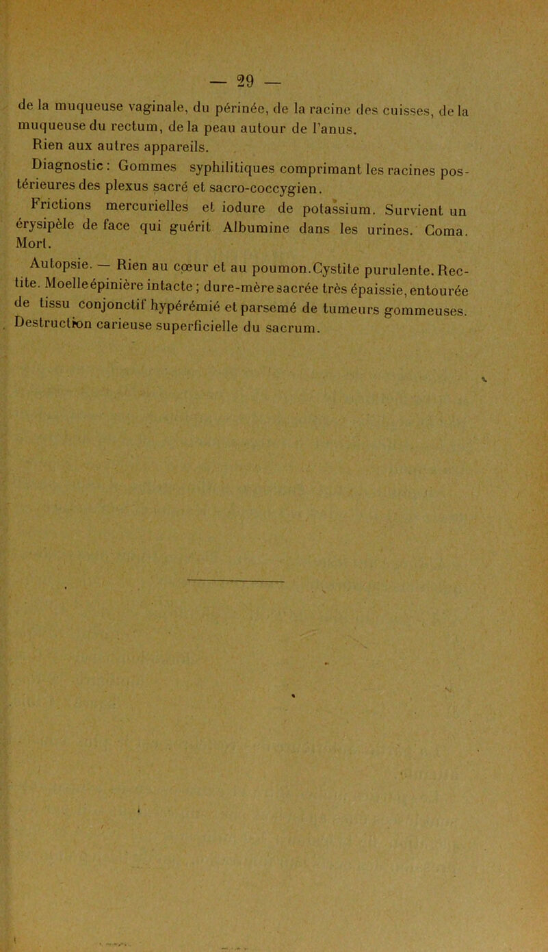 de la muqueuse vaginale, du périnée, de la racine des cuisses, delà muqueuse du rectum, delà peau autour de l’anus. Rien aux autres appareils. Diagnostic : Gommes syphilitiques comprimant les racines pos- térieures des plexus sacré et sacro-coccygien. Frictions mercurielles et iodure de potassium. Survient un érysipèle de face qui guérit Albumine dans les urines. Coma. Mort. Autopsie. — Rien au cœur et au poumon.Cystite purulente. Rec- tite. Moelleépinière intacte ; dure-mère sacrée très épaissie, entourée de tissu conjonctif hypérémié et parsemé de tumeurs gommeuses. Destruction carieuse superficielle du sacrum.