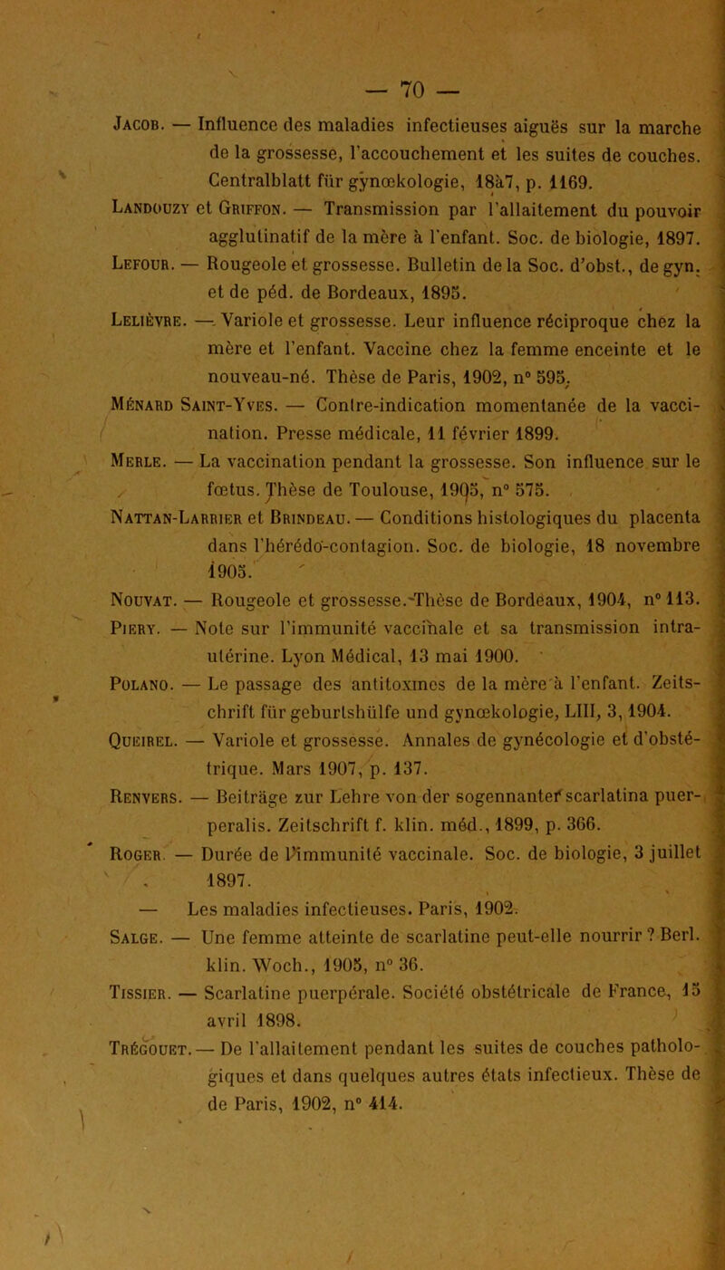 . * — 70 — Jacob. — Influence des maladies infectieuses aiguës sur la marche de la grossesse, l’accouchement et les suites de couches. Centralblatt fiir gÿnœkologie, 18à7, p. 1169. Landouzy et Griffon. — Transmission par l’allaitement du pouvoir agglutinatif de la mère à l'enfant. Soc. de biologie, 1897. Lefour. — Rougeole et grossesse. Bulletin de la Soc. d’obst., de gyn. et de péd. de Bordeaux, 1895. Lelièvre. —•- Variole et grossesse. Leur influence réciproque chez la mère et l’enfant. Vaccine chez la femme enceinte et le nouveau-né. Thèse de Paris, 1902, n° 595; Ménard Saint-Yves. — Contre-indication momentanée de la vacci- a nation. Presse médicale, 11 février 1899. Merle. — La vaccination pendant la grossesse. Son influence sur le / fœtus. Thèse de Toulouse, 19Q5, n° 575. Nattan-Larrier et Brindeau. — Conditions histologiques du placenta dans l’hérédo'-contagion. Soc. de biologie, 18 novembre 1905. Nouvat. — Rougeole et grossesse.'Thèse de Bordeaux, 1904, n° 113. Piery. — Note sur l’immunité vaccinale et sa transmission intra- utérine. Lyon Médical, 13 mai 1900. ' Polano. — Le passage des antitoxines de la mère à l’enfant. Zeits- chrift fiir geburlshülfe und gÿnœkologie, LUI, 3,1904. Queirel. — Variole et grossesse. Annales de gynécologie et d’obsté- trique. Mars 1907, p. 137. Renvers. — Beitrage zur Lehre von der sogennantef scarlatina puer- f peralis. Zeitschrift f. klin. méd., 1899, p. 366. Roger. — Durée de l’immunité vaccinale. Soc. de biologie, 3 juillet , 1897. — Les maladies infectieuses. Paris, 1902. Salge. — Une femme atteinte de scarlatine peut-elle nourrir? Berl. klin. Woch., 1905, n° 36. Tissier. — Scarlatine puerpérale. Société obstétricale de France, 15 : avril 1898. Trégouët.— De l’allaitement pendant les suites de couches patholo- 1 giques et dans quelques autres états infectieux. Thèse de ! de Paris, 1902, n° 414. \